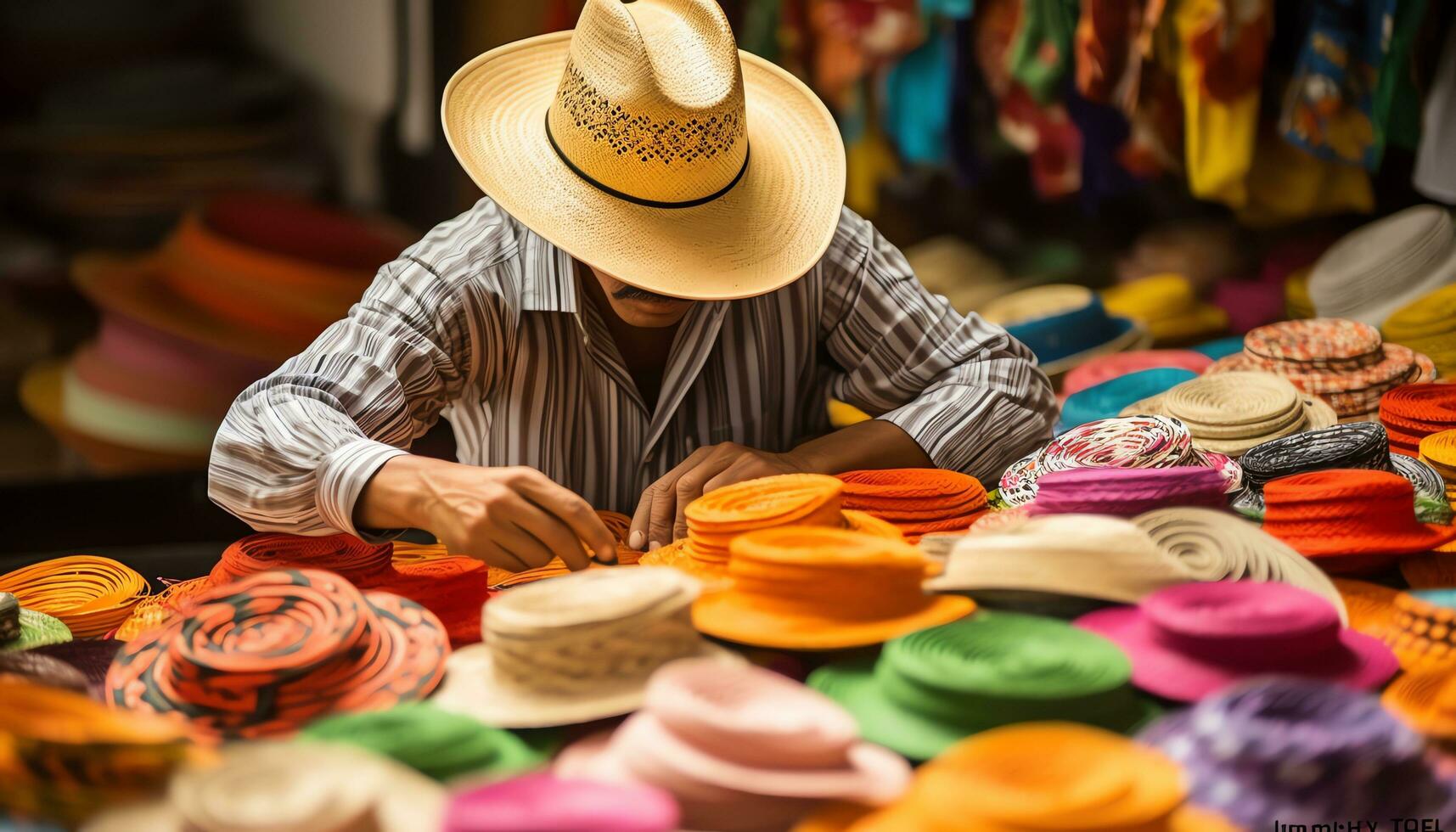 un' uomo nel un' cappello è Lavorando su un' tavolo con colorato cappelli ai generato foto