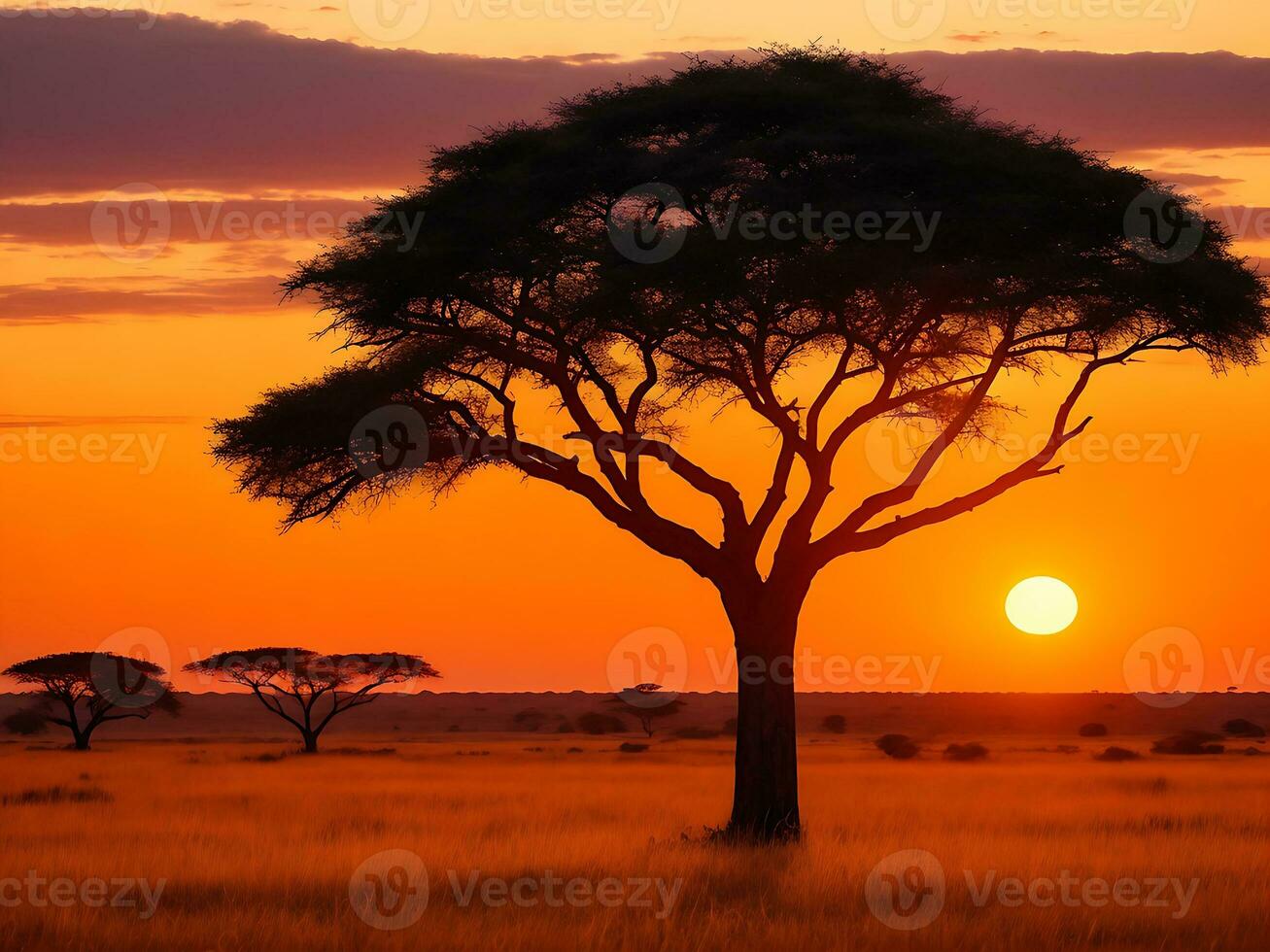 ipnotizzante Visualizza di il silhouette di un' albero nel il savana pianure durante tramonto generativo ai foto