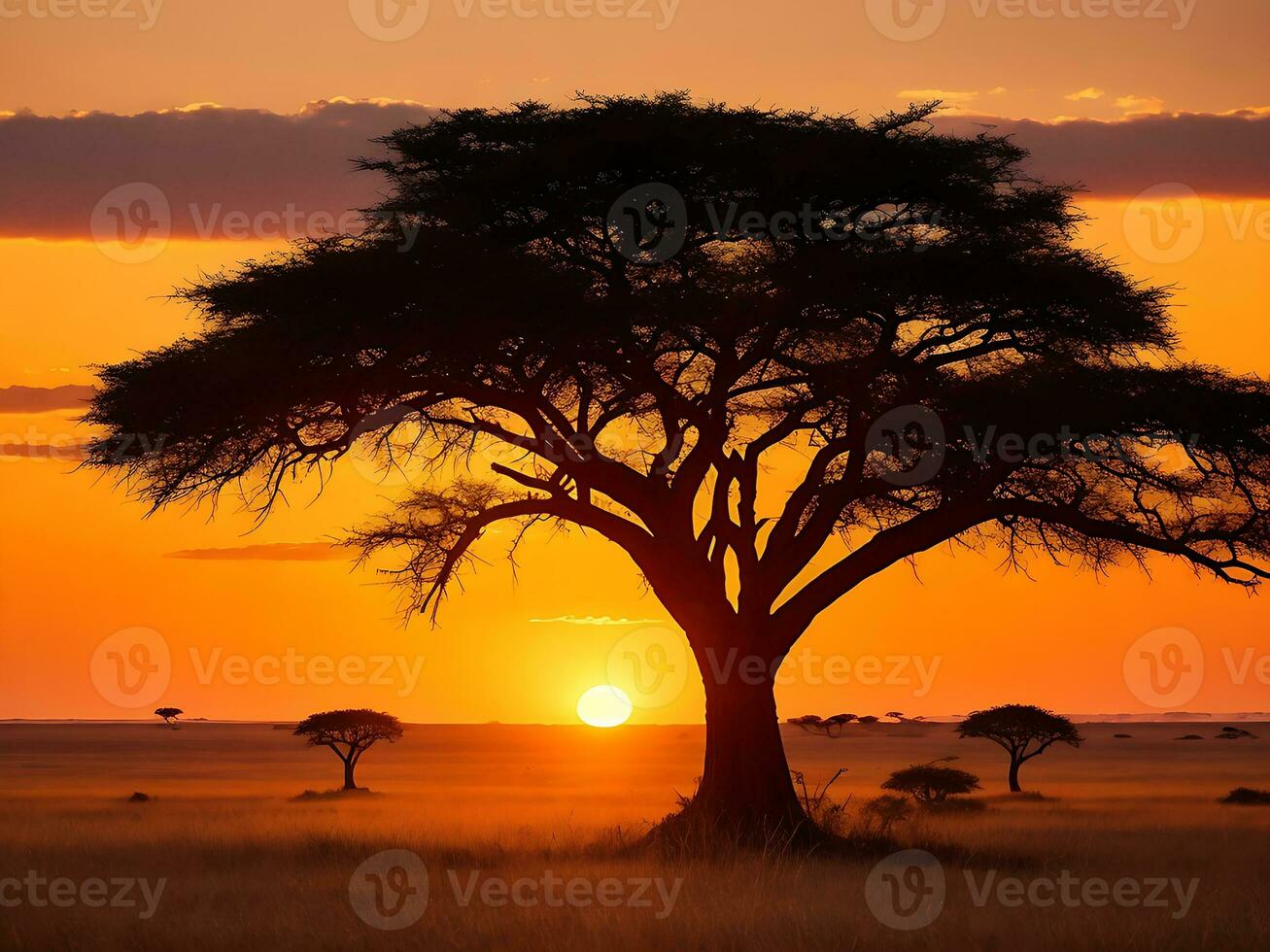 ipnotizzante Visualizza di il silhouette di un' albero nel il savana pianure durante tramonto generativo ai foto