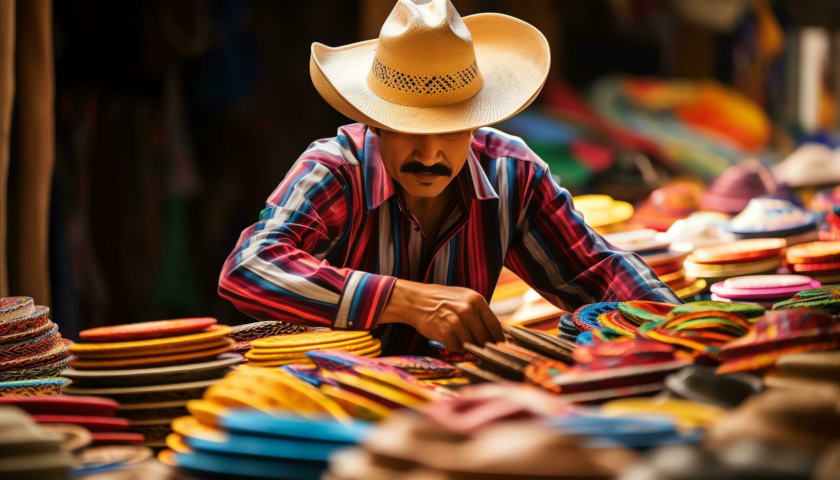 un' uomo nel un' cappello è vendita colorato elementi ai generato foto