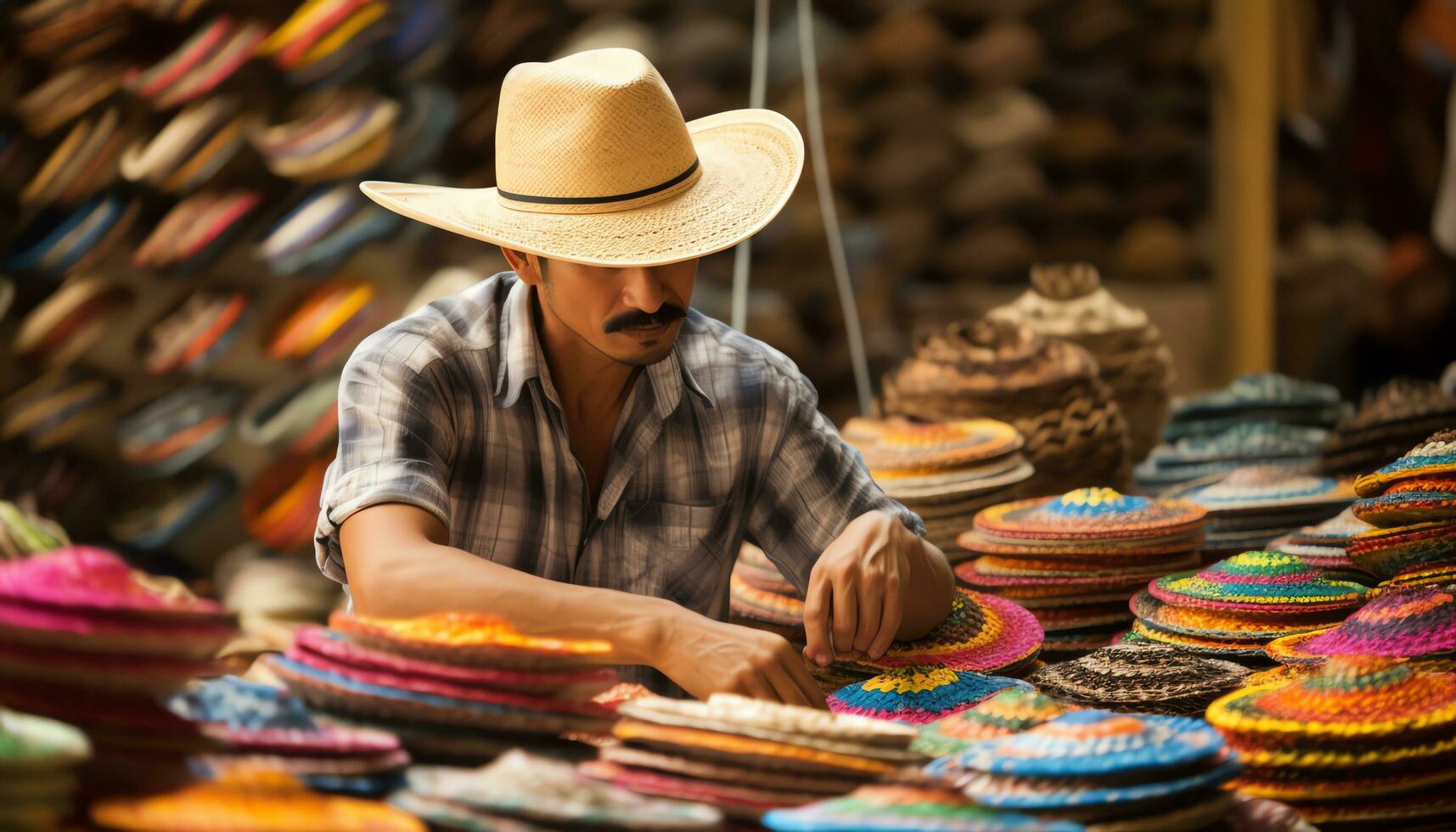 un' uomo nel un' cappello è vendita colorato elementi ai generato foto