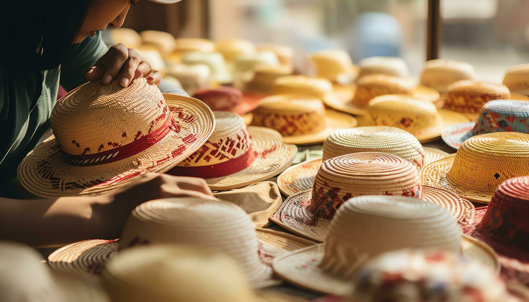 un' uomo nel un' cappello è Lavorando su un' tavolo con colorato cappelli ai generato foto