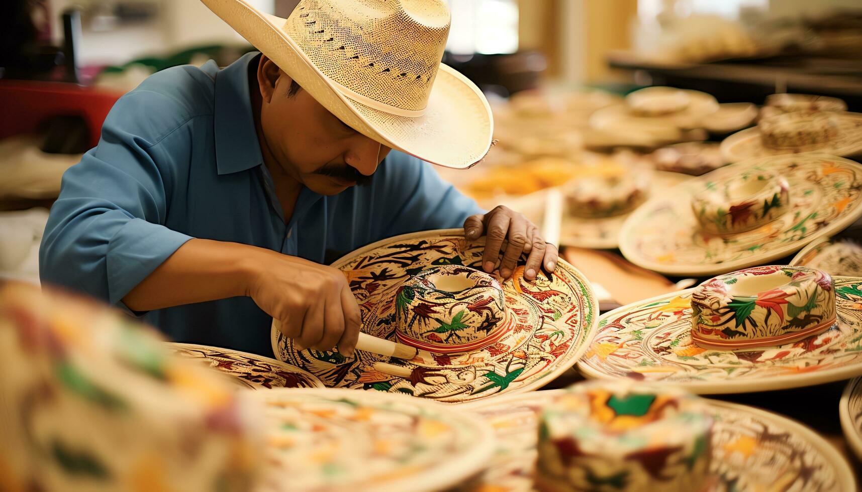 un' uomo nel un' cappello è Lavorando su un' tavolo con colorato cappelli ai generato foto