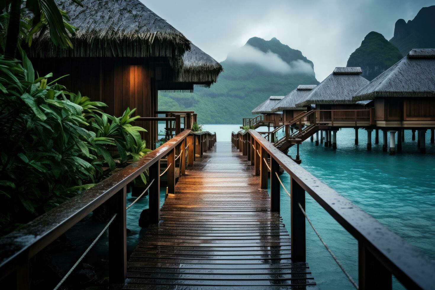 tropicale spiaggia con acqua bungalow e di legno ponte a tramonto, al di sopra di acqua bungalow con passaggi in verde laguna, ai generato foto