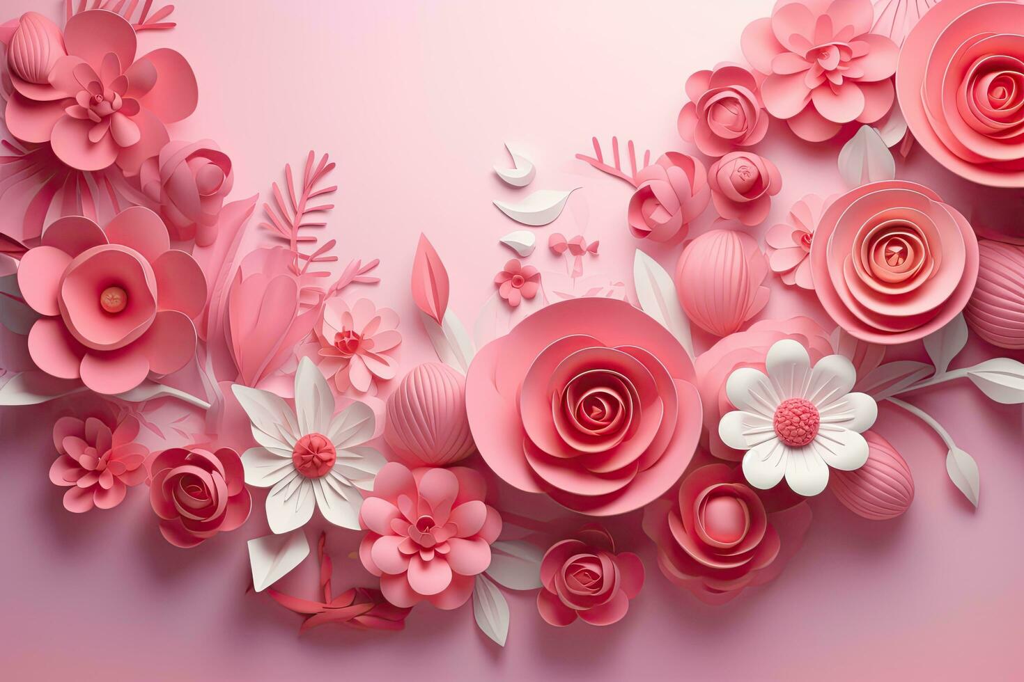 3d rendere di carta fiori su rosa sfondo con copia spazio, contento madri giorno moderno bandiera disegno, ai generato foto