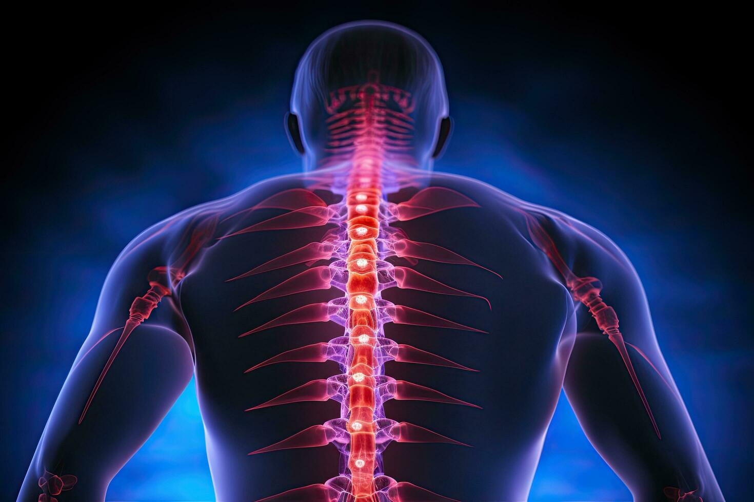 umano scheletro vertebre osso anatomia per medico concetto, evidenziato inferiore indietro dolore mostrando con rosso olografico colonna vertebrale, ai generato foto