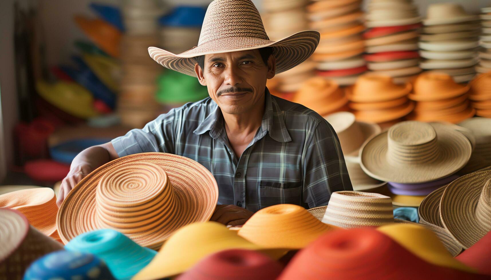 un' uomo nel un' cappello Lavorando su un' cappello ai generato foto