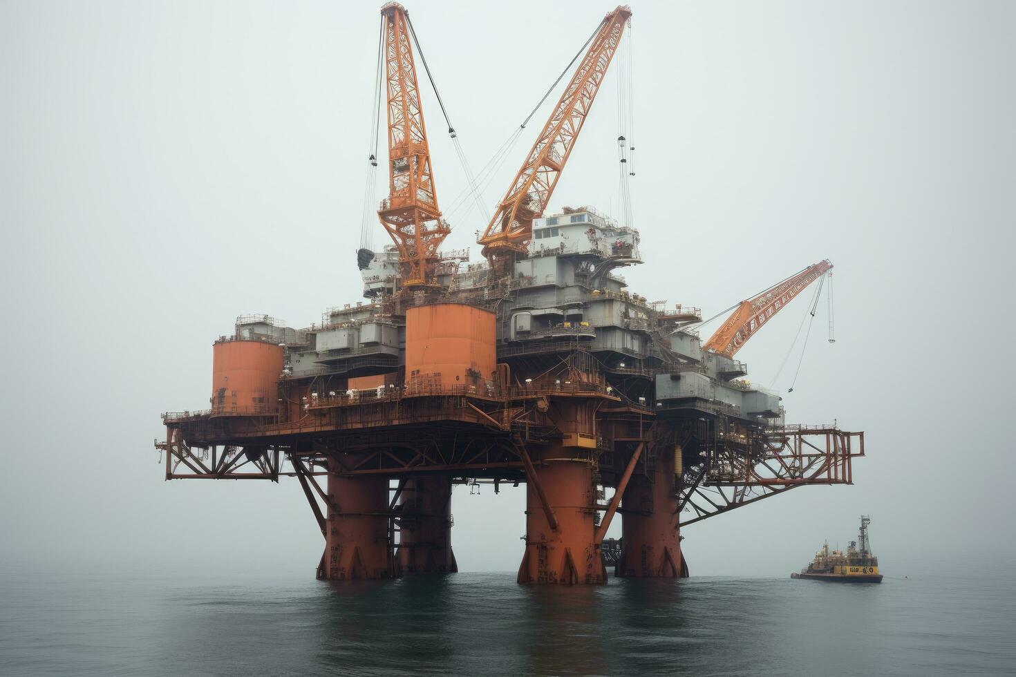al largo costruzione piattaforma per produzione olio e gas nel il mare. pesante sollevamento gru nave, ai generato foto