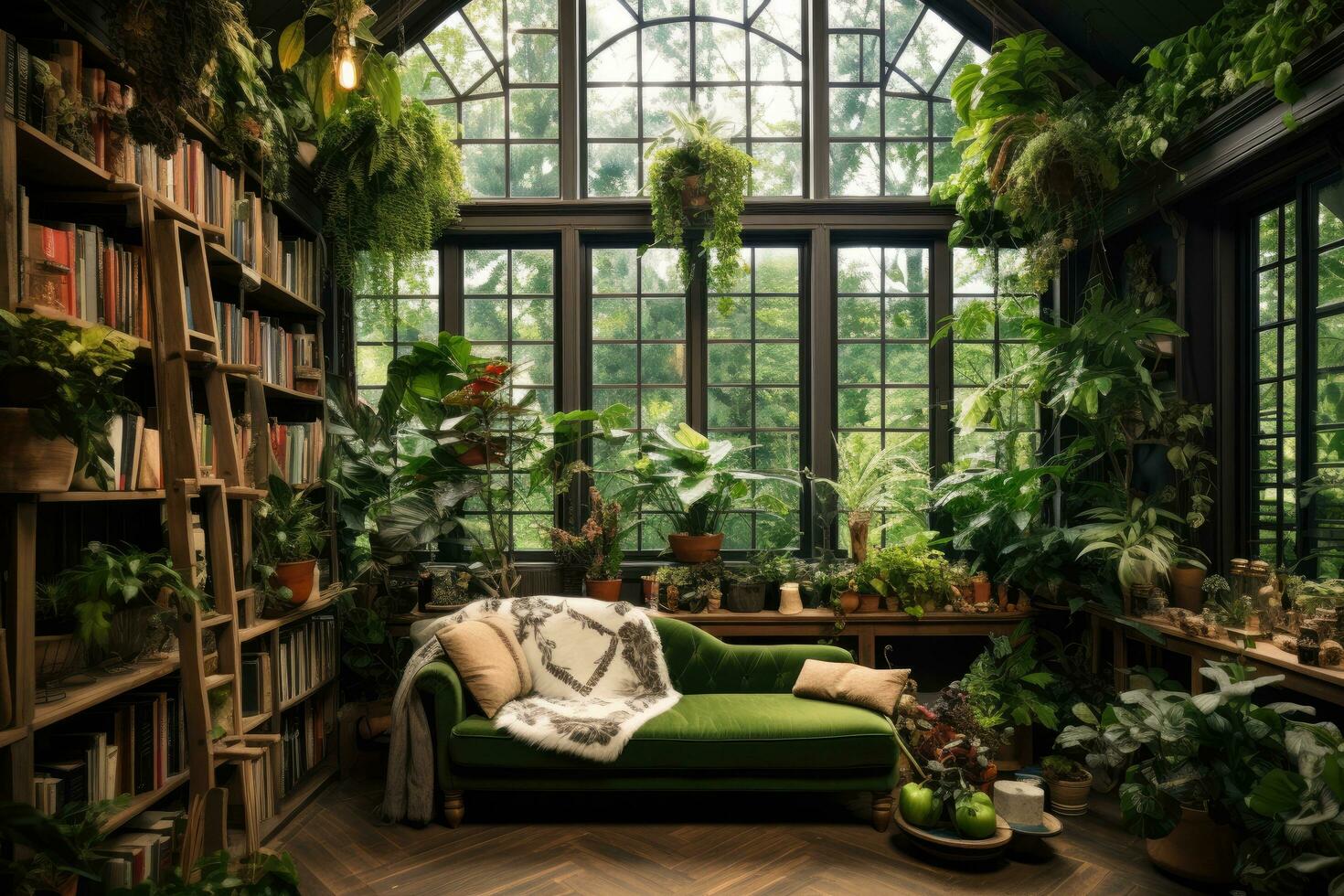 interno di un' vivente camera con un' verde divano e impianti, interno design camera con un' lotto di impianti, ai generato foto