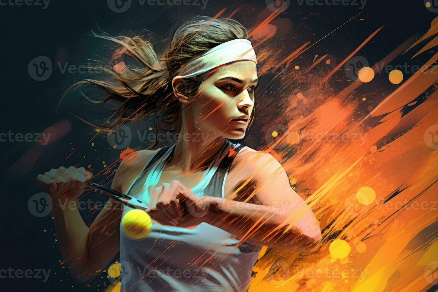 ritratto di un' femmina tennis giocatore con racchetta e palla contro astratto sfondo, creativo illustrazione di un' giovane atletico femmina tennis giocatore giocando con sua tennis racchetta, ai generato foto