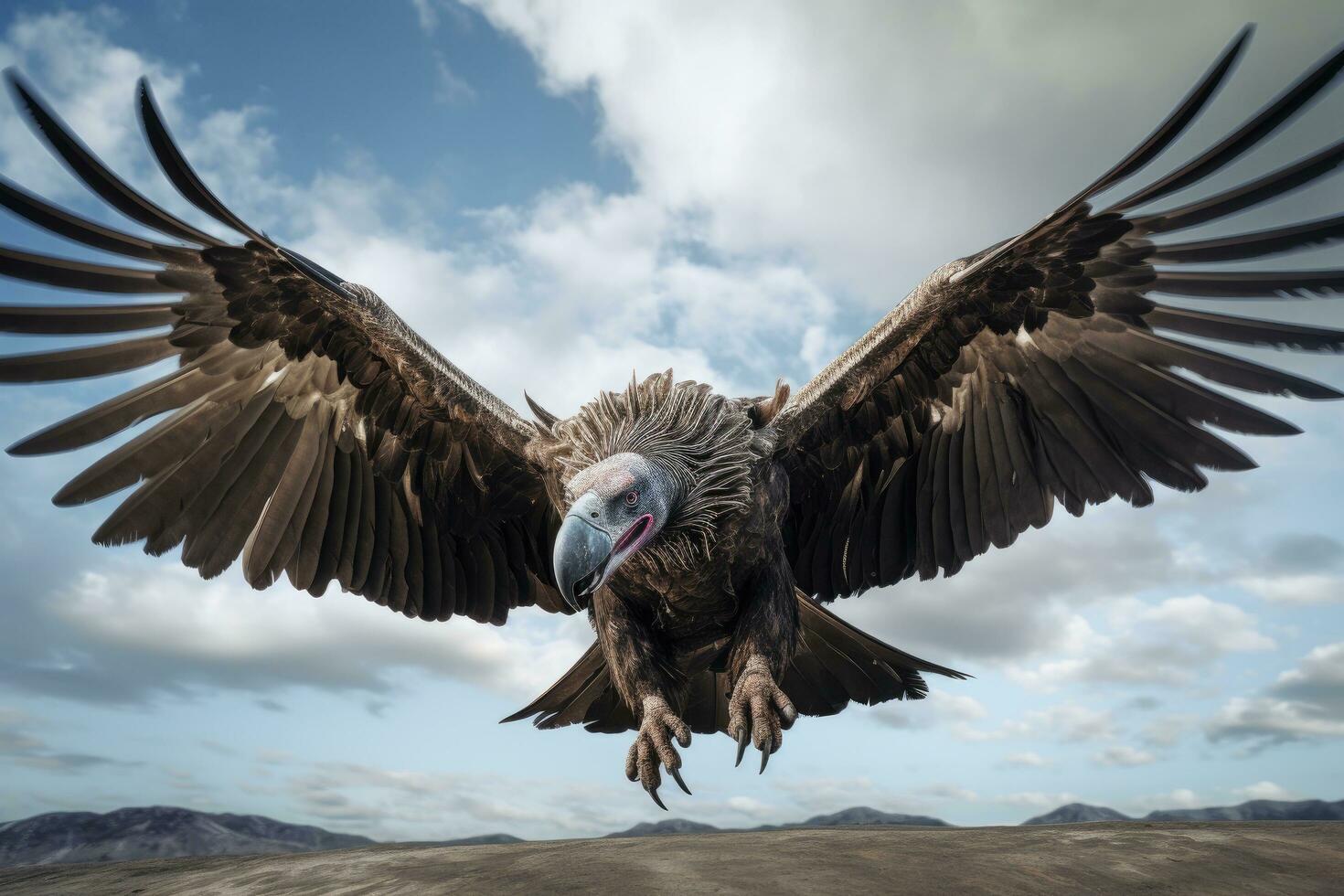 grifone avvoltoio volante nel il cielo. 3d rendering, enorme avvoltoio nel volo, Basso angolo Visualizza, ai generato foto