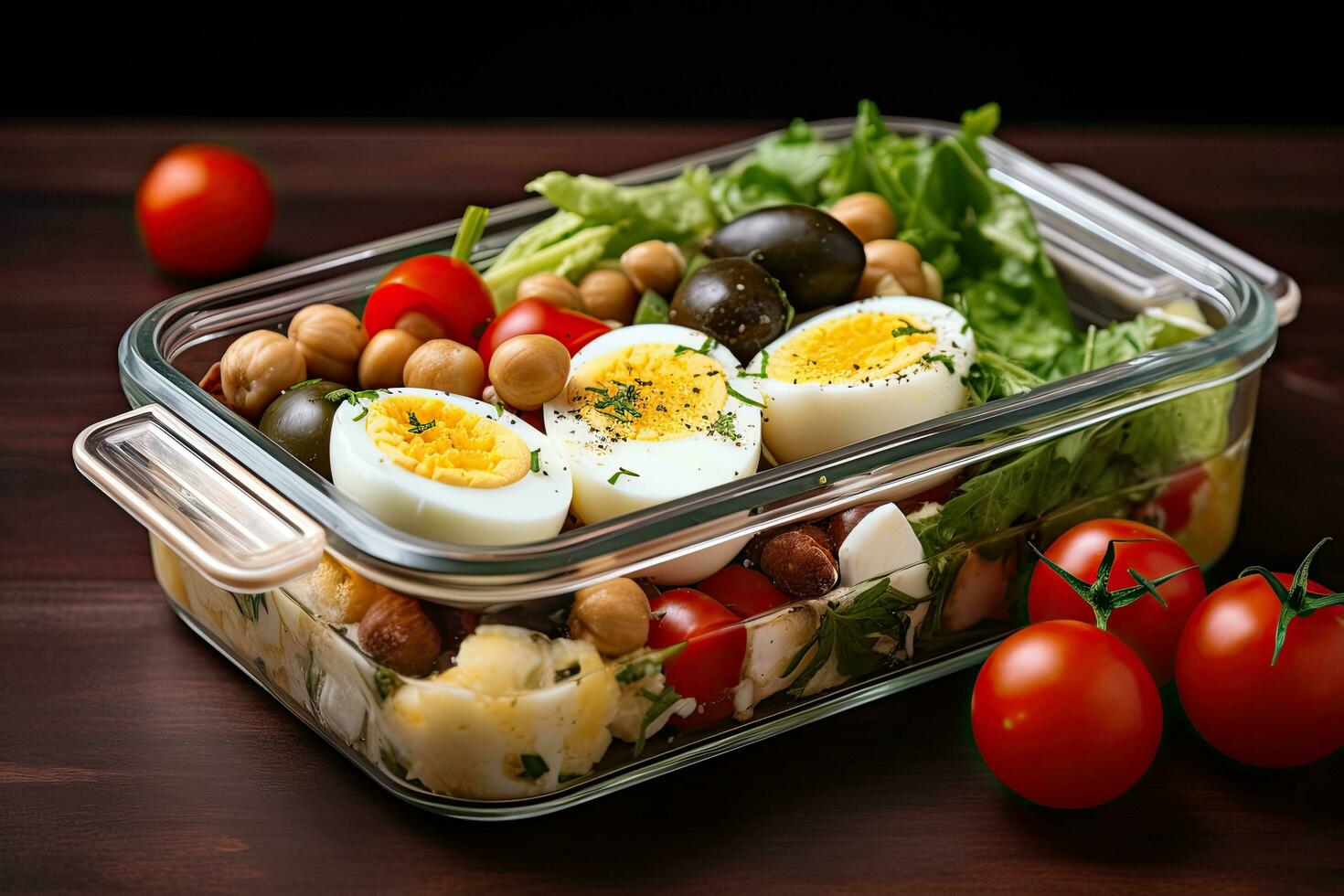 salutare insalata con Ceci, pomodori, lattuga e uova, salutare pranzo scatola con Quaglia uova, Quaglia uova e la verdura, ai generato foto