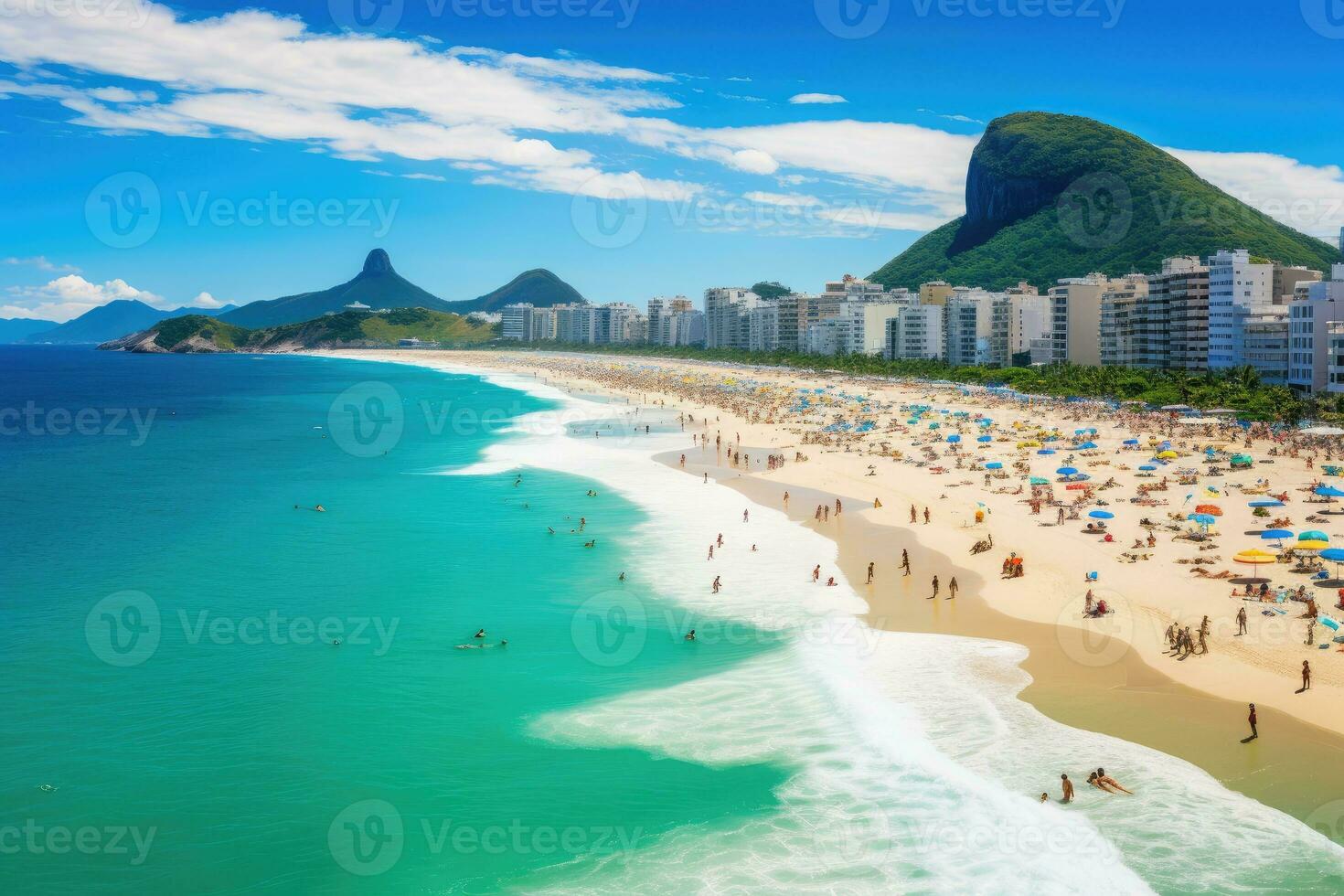 aereo Visualizza di copacabana spiaggia nel rio de janeiro, brasile, copacabana spiaggia nel rio de janeiro, brasile. copacabana spiaggia è il maggior parte famoso spiaggia di rio de janeiro, brasile, ai generato foto