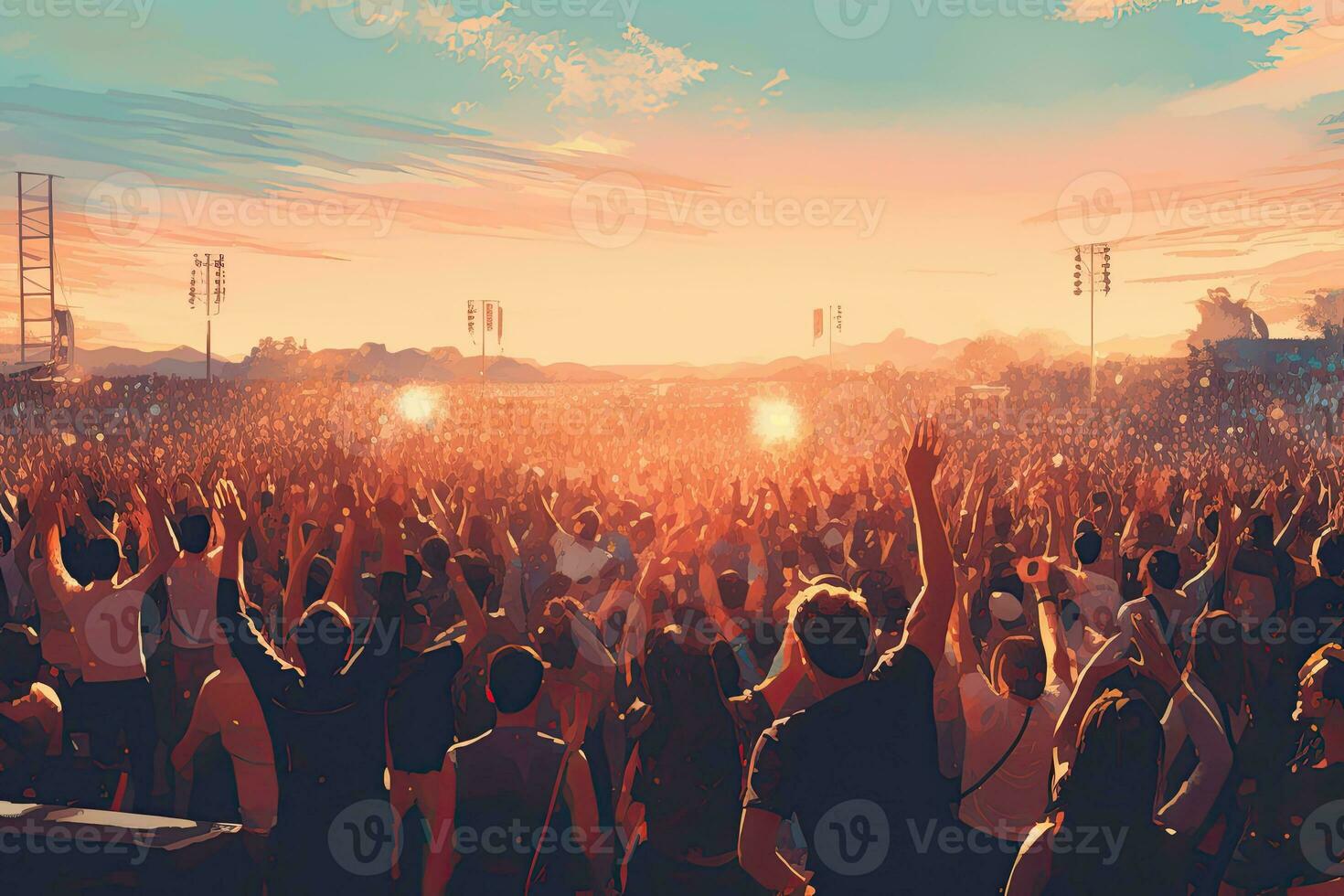 folla applauso a un' musica Festival durante un' soleggiato giorno. 3d rendering, folla a concerto - estate musica Festival, ai generato foto