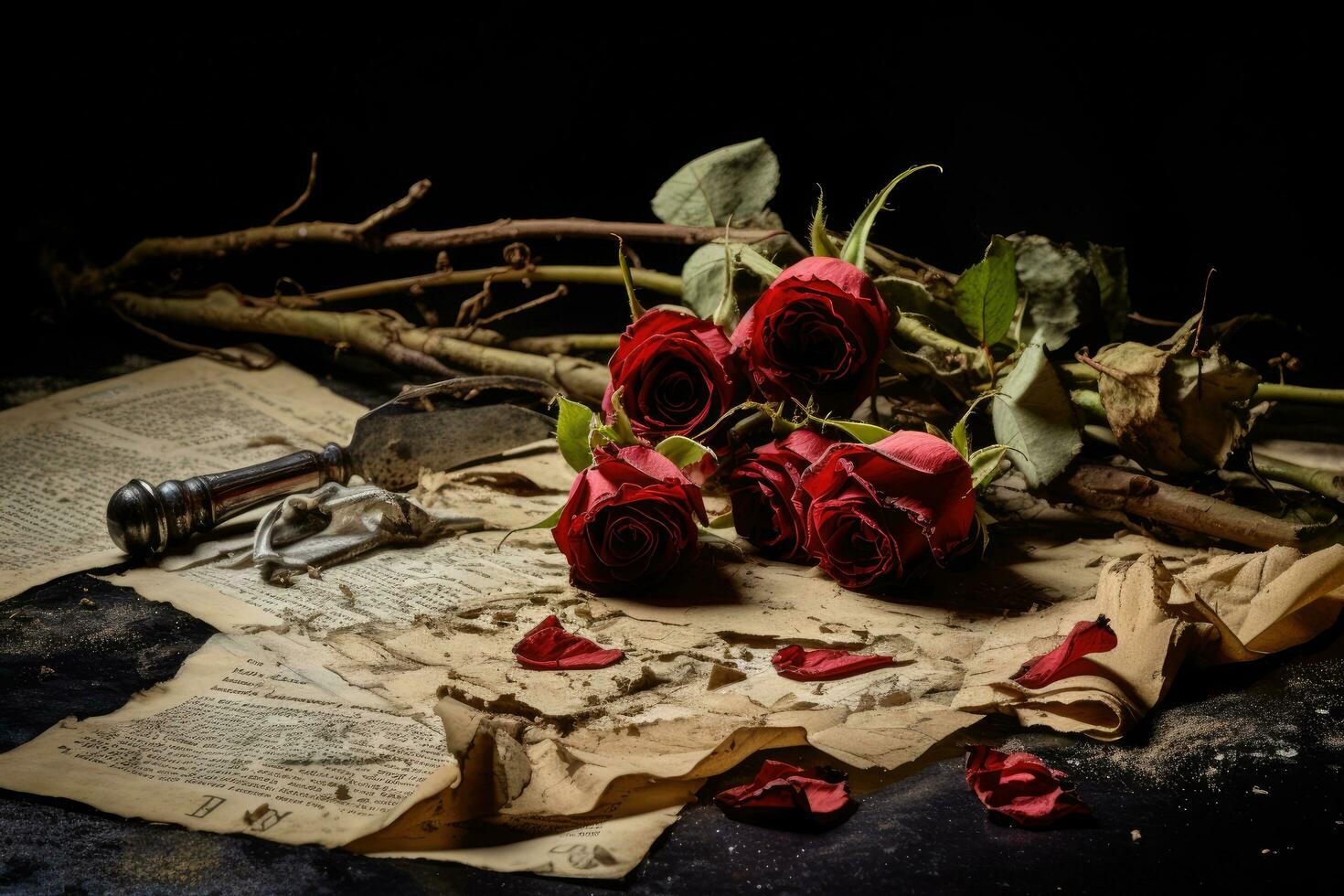 ancora vita con rosso Rose e vecchio carta su un' nero sfondo, dolore resti creare un Immagine quello ritrae il conseguenze di guerra, ai generato foto