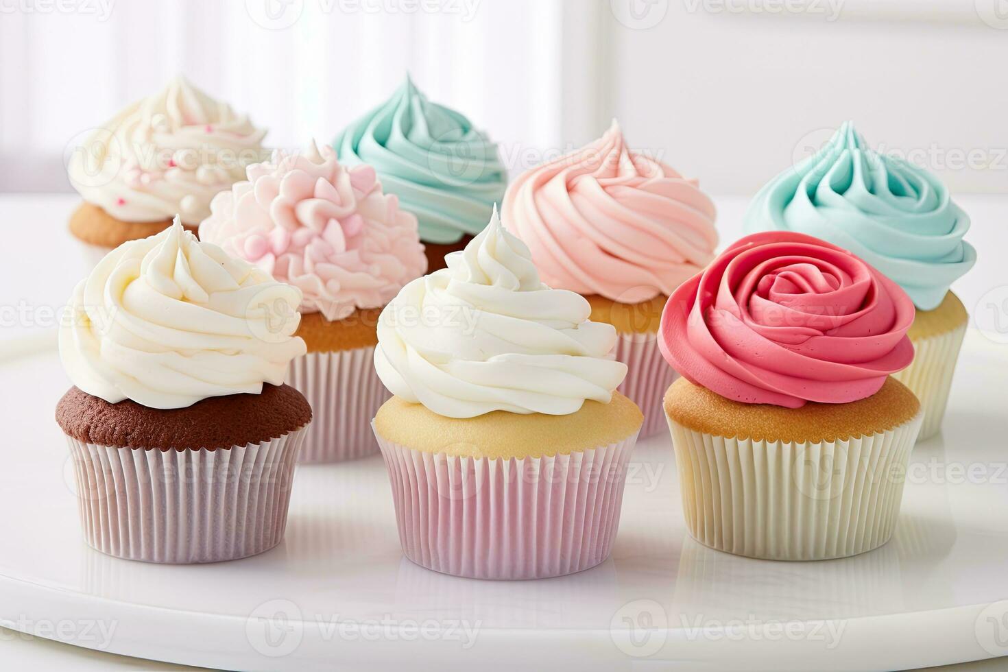 colorato cupcakes su un' bianca sfondo. superficiale dof, diletto nel un' collezione di meravigliosamente artigianale tazza, ai generato foto