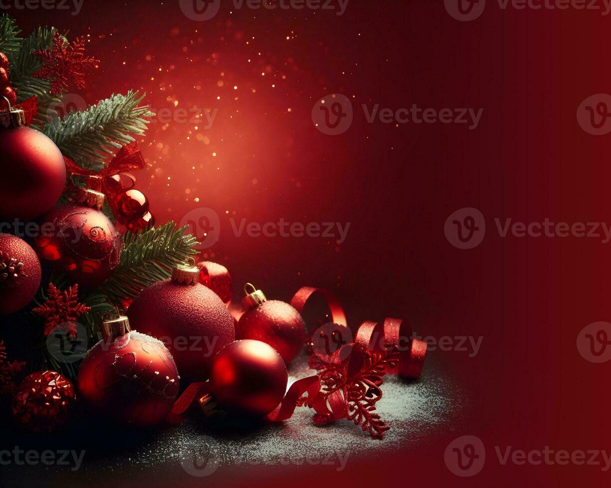 Natale decorazioni su rosso sfondo, Natale saluti modello. ai generativo foto