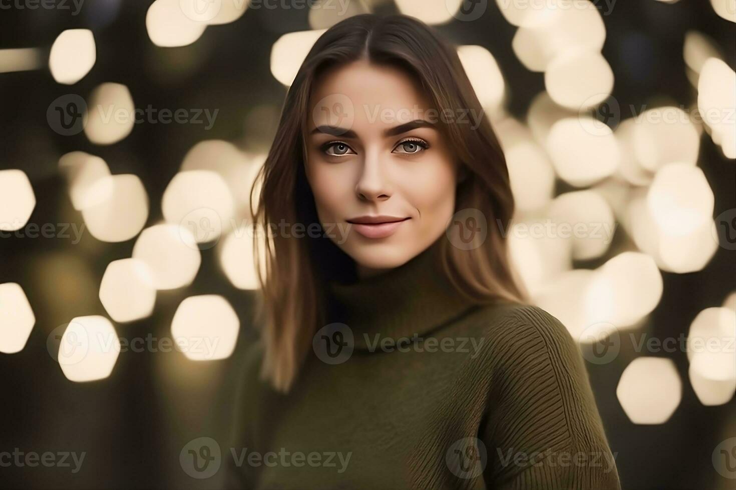 Immagine di donna nel oliva verde maglione in piedi all'aperto. ai generativo foto