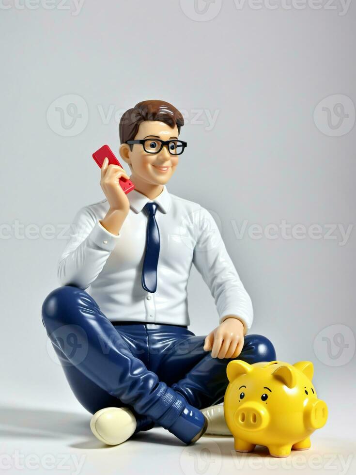 un' 3d giocattolo personaggio uomo seduta su porcellino banca con calcolatrice su un' bianca sfondo. ai generato foto