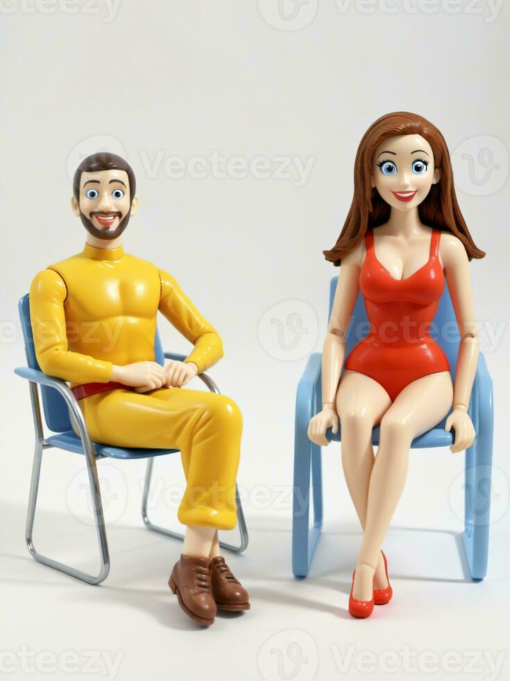 un' 3d giocattolo cartone animato uomo seduta nel poltrona e donna in piedi Il prossimo per lui su un' bianca sfondo. ai generato foto