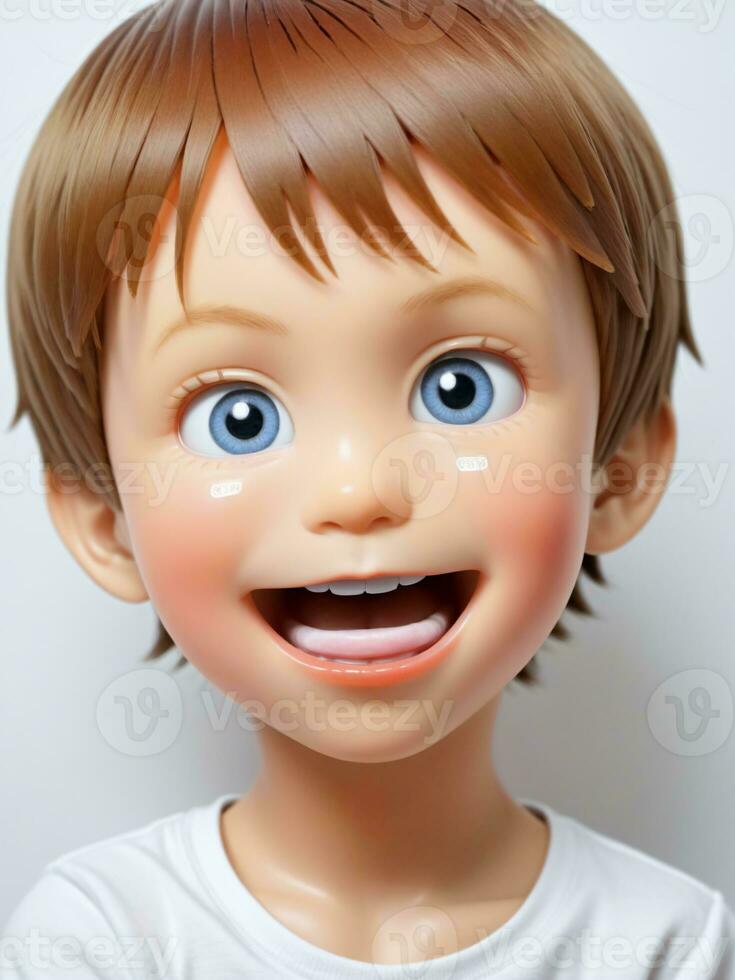 un' 3d giocattolo ragazzo fabbricazione un' divertente viso su un' bianca sfondo. ai generato foto