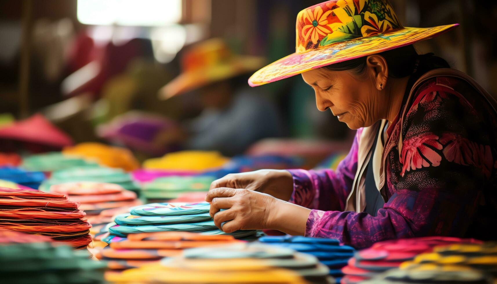 un' uomo nel un' colorato cappello è Lavorando su un' cappello ai generato foto