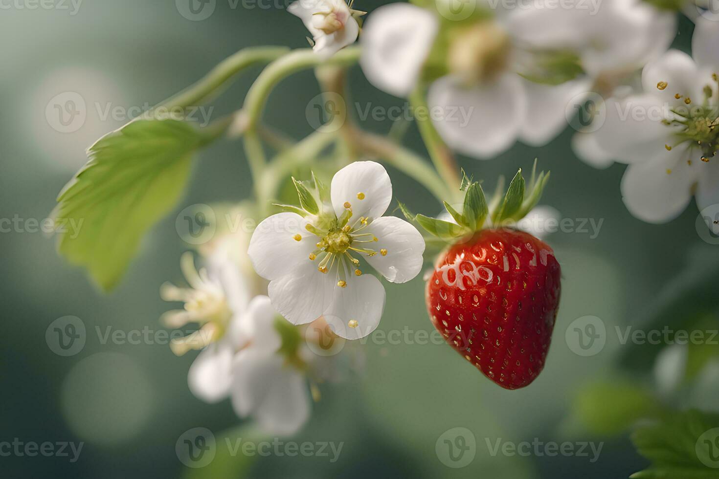 vicino su di un' fragola fiorire e frutta di ai generativo foto