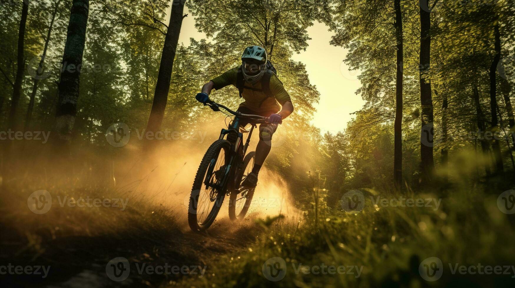 generativo ai, montagna bike uomo equitazione su bicicletta nel montagne foresta paesaggio, ciclista foto