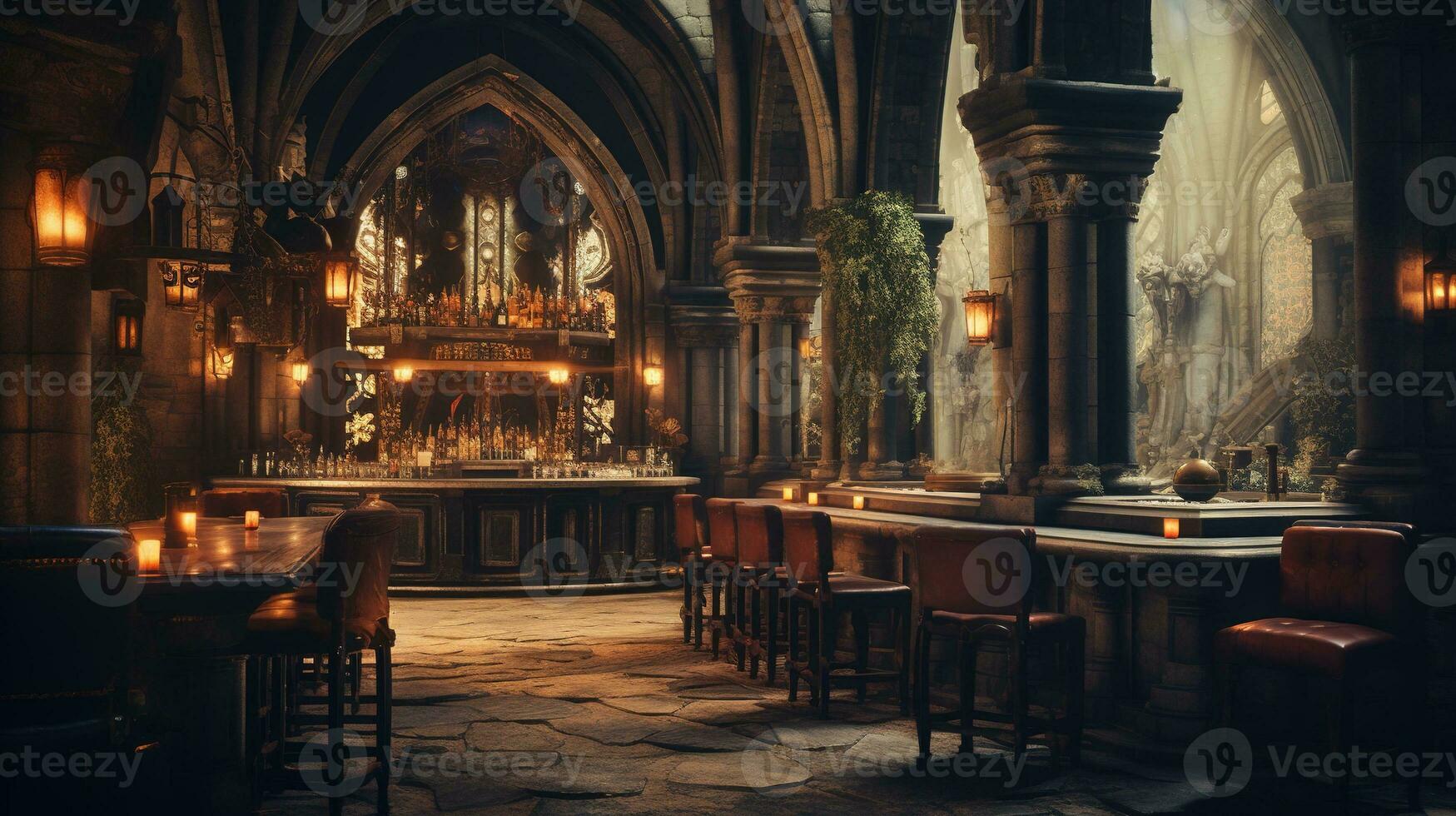 generativo ai, Cattedrale antico interno con bar o pub dentro, Gotico Chiesa stile foto