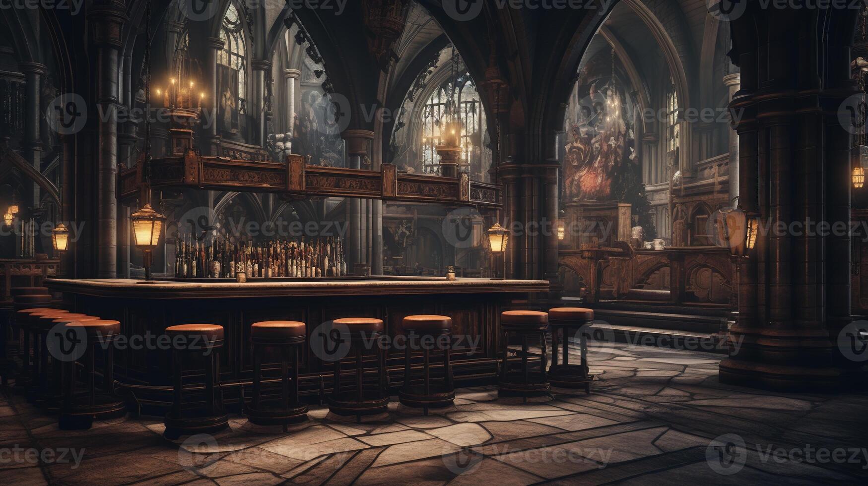 generativo ai, Cattedrale antico interno con bar o pub dentro, Gotico Chiesa stile foto