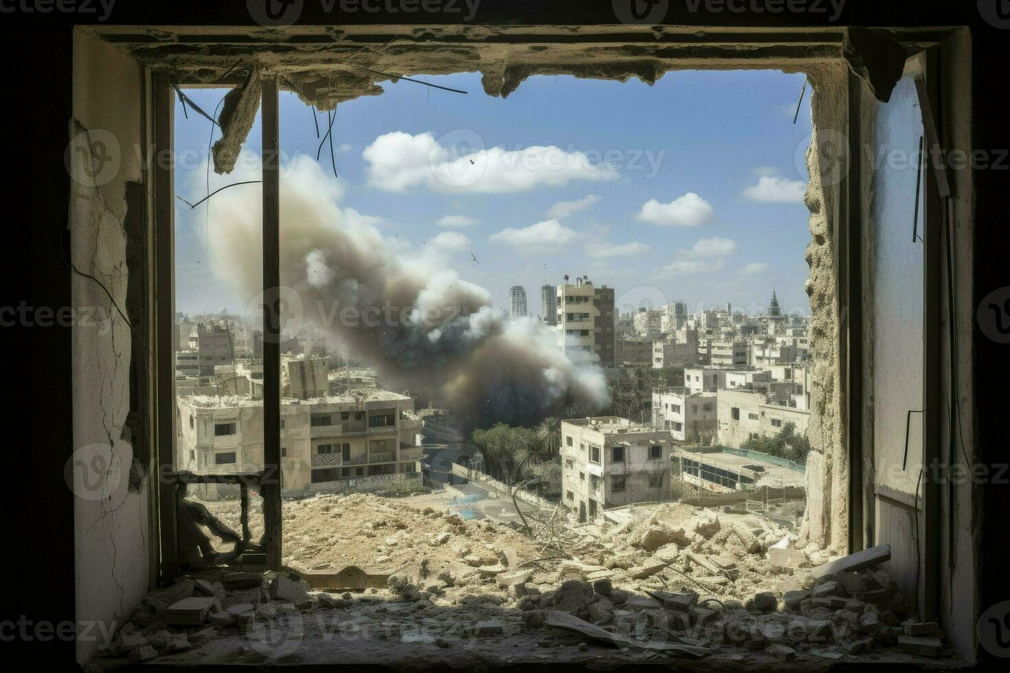 bombardamento e distruzione, Visualizza a partire dal finestre, ai generato foto