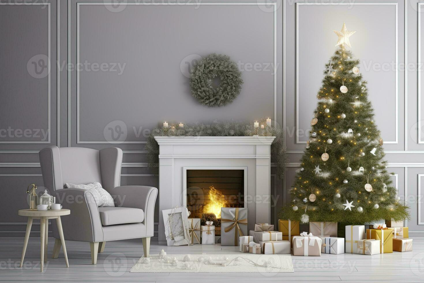 moderno vivente camera con il camino, Natale albero, regalo scatole e poltrona. ai generato foto
