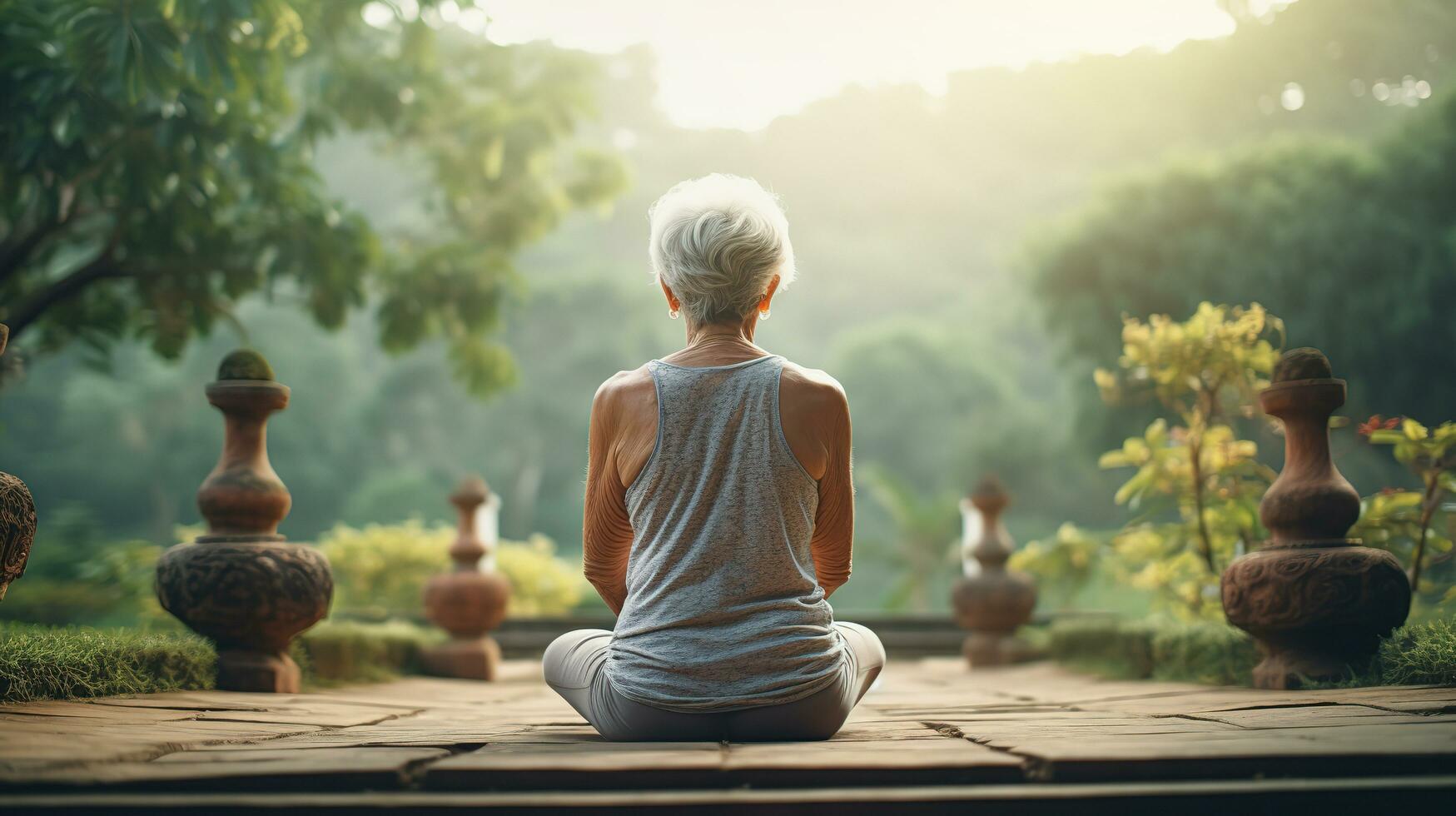 anziano donna fare yoga con il verde natura nel tramonto. generativo ai. foto