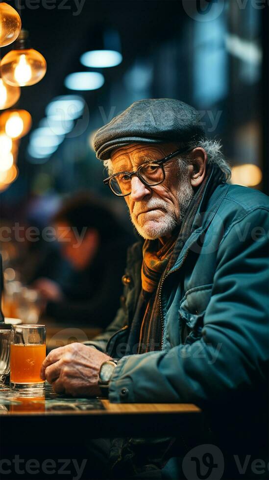 solitario dai capelli grigi e triste vecchio uomo seduta nel un' bar su un' sfocato sfondo. solitudine concetto.generativo ai foto