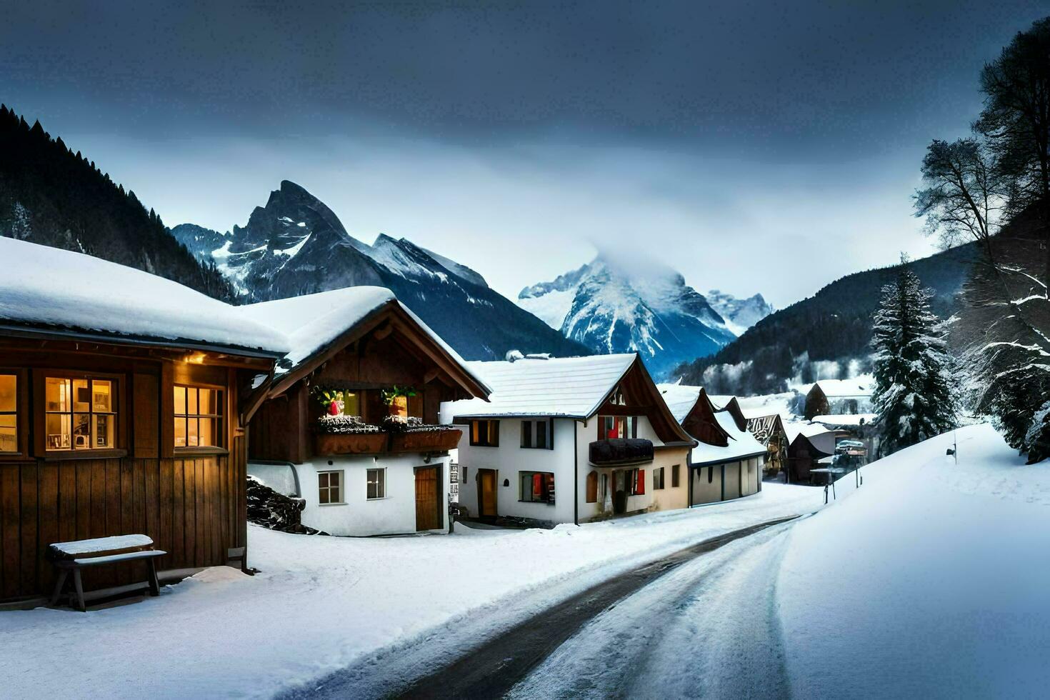 un' nevoso villaggio nel il montagne. ai-generato foto