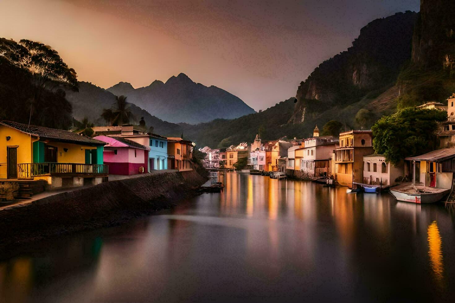 un' fiume nel il montagne con case su o lato. ai-generato foto