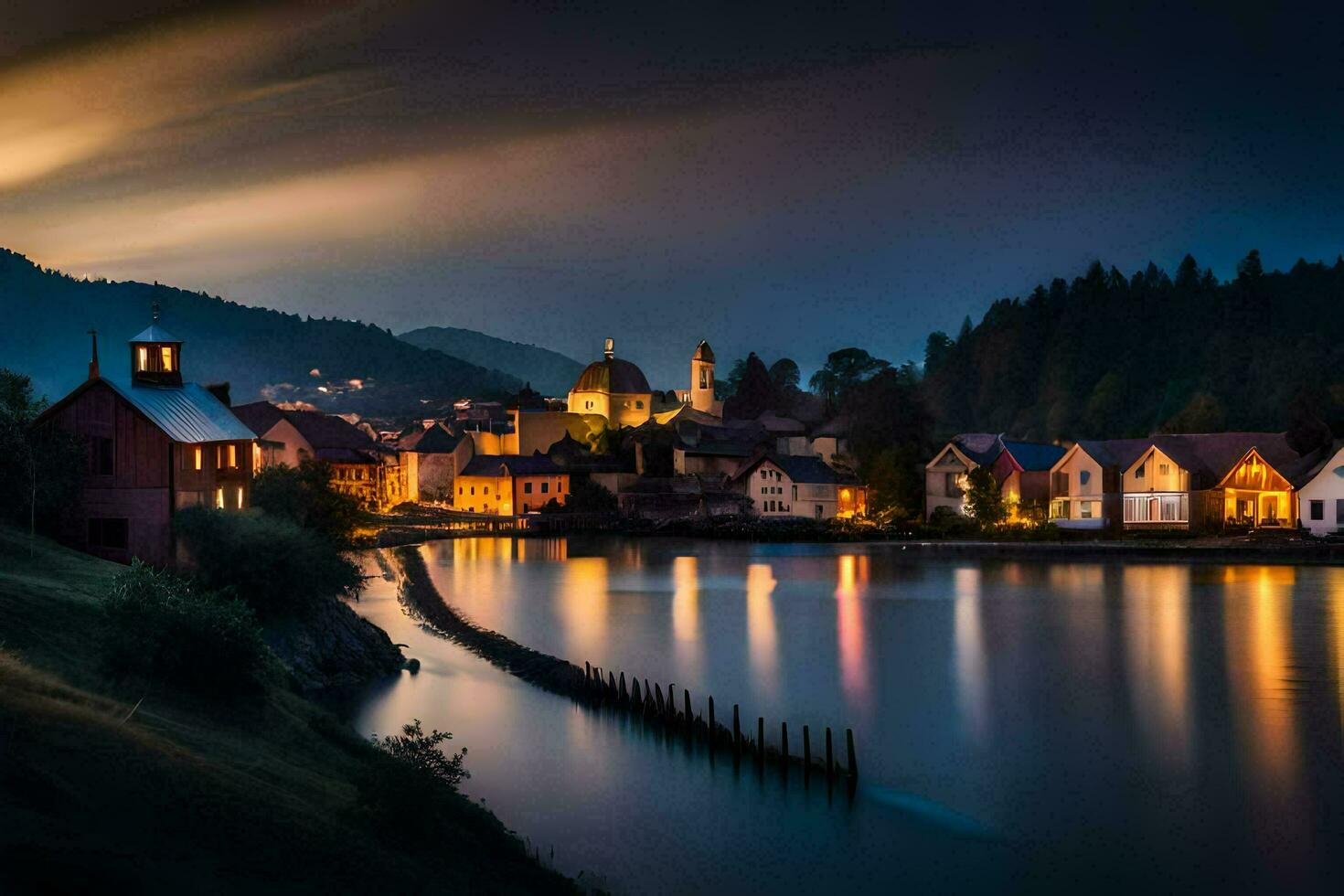 foto sfondo il cielo, notte, il Luna, il acqua, il montagne, il villaggio,. ai-generato