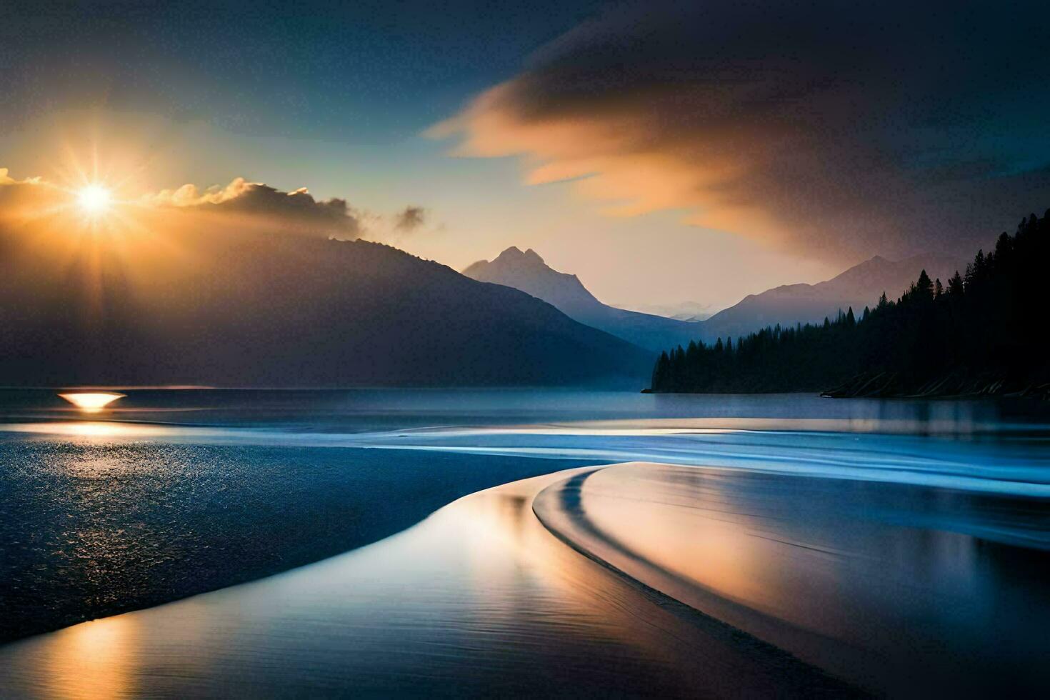 il sole è splendente al di sopra di un' lago e montagne. ai-generato foto