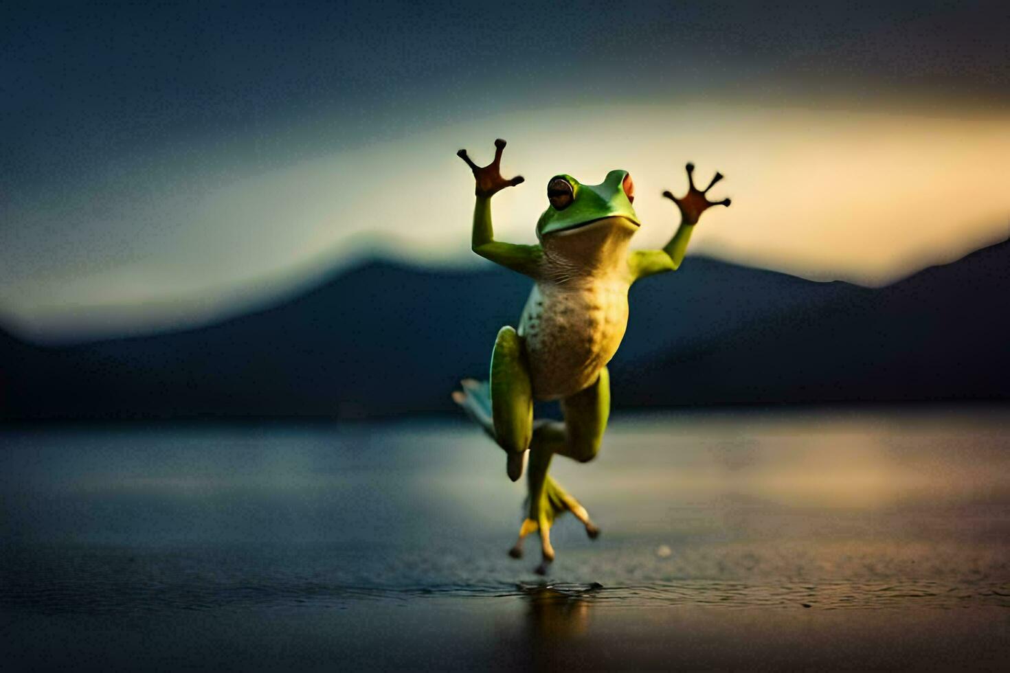 un' rana salto nel il aria con suo braccia proteso. ai-generato foto