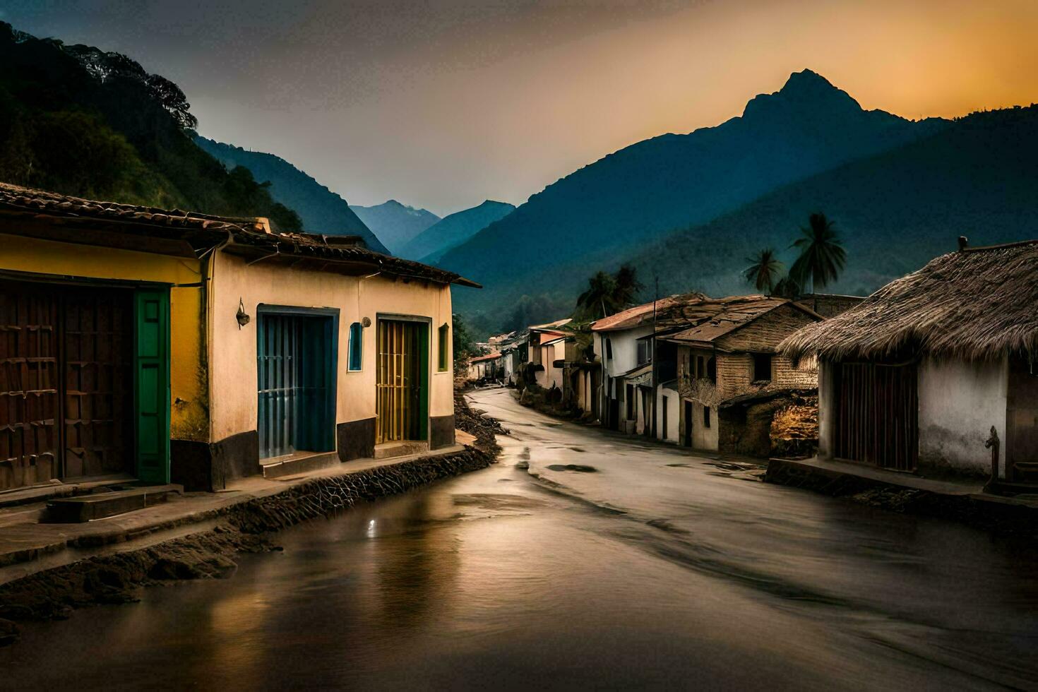 un' strada nel il montagne a tramonto. ai-generato foto