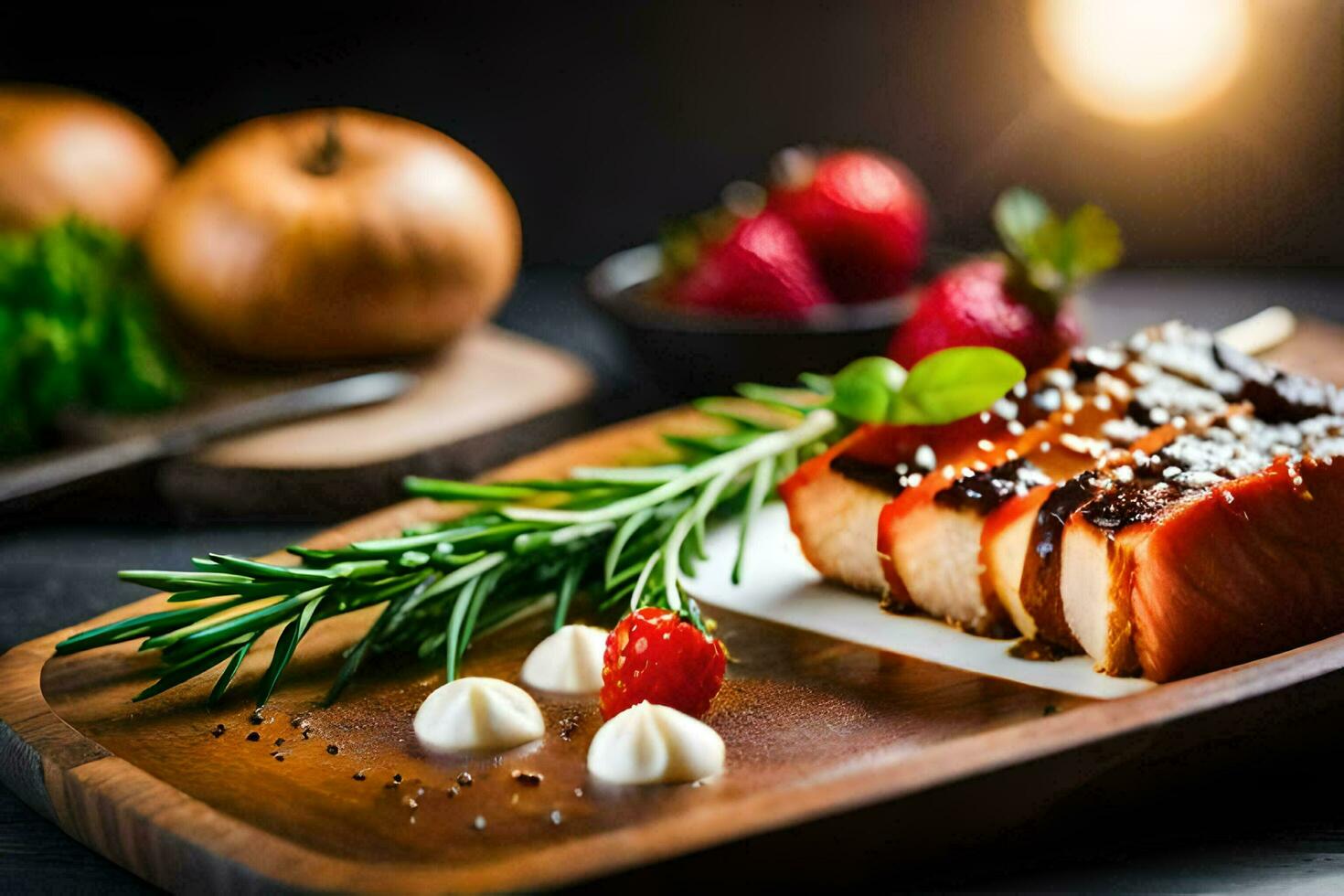 grigliato salmone su un' di legno taglio tavola con erbe aromatiche e frutti di bosco. ai-generato foto