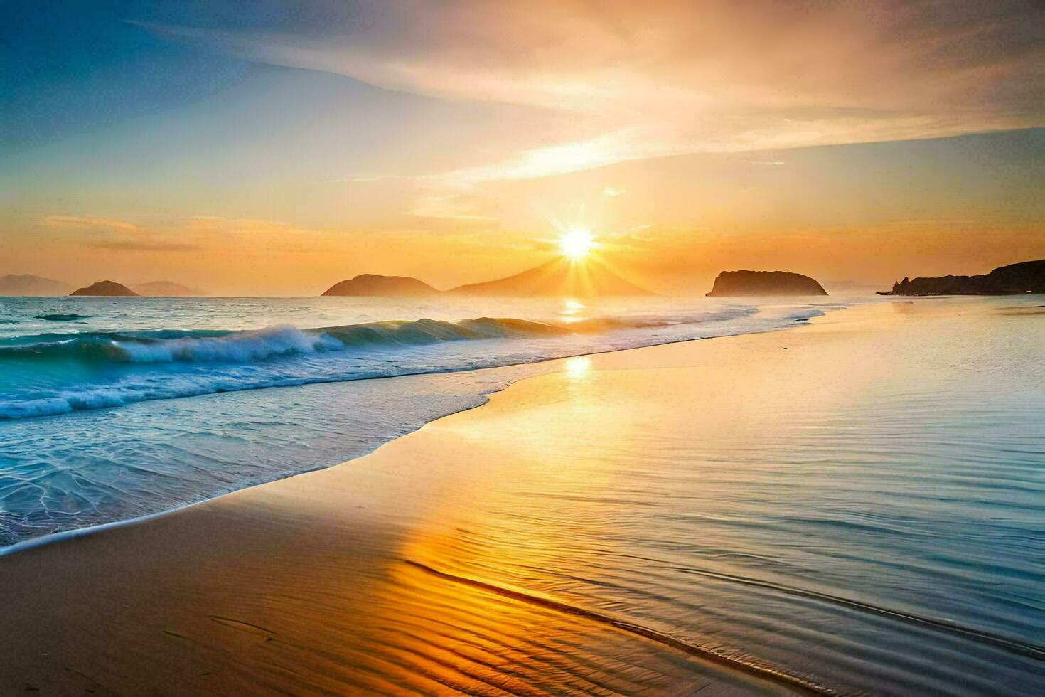 il sole sorge al di sopra di il oceano e onde su il spiaggia. ai-generato foto