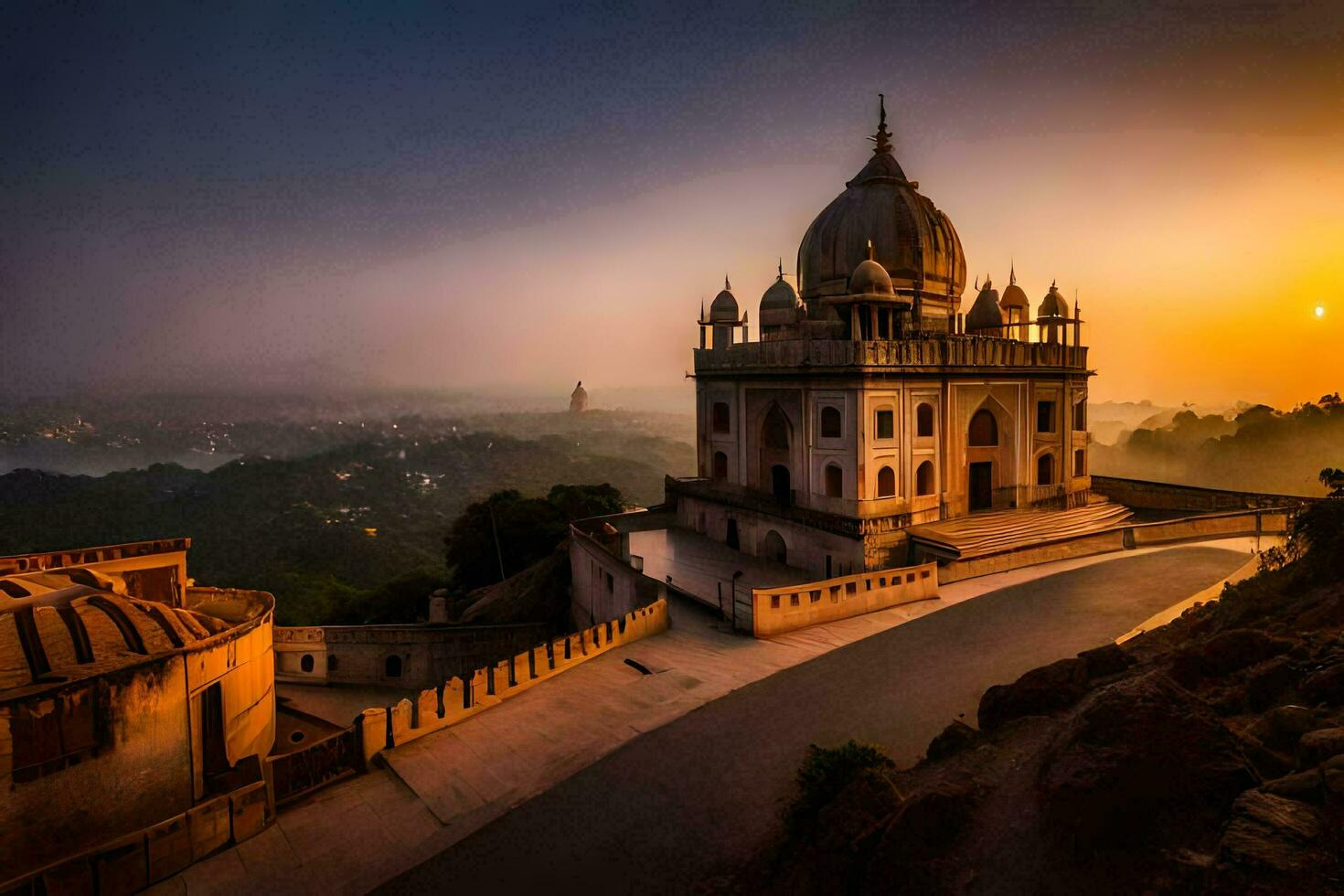 il sole imposta al di sopra di un' tempio nel India. ai-generato foto