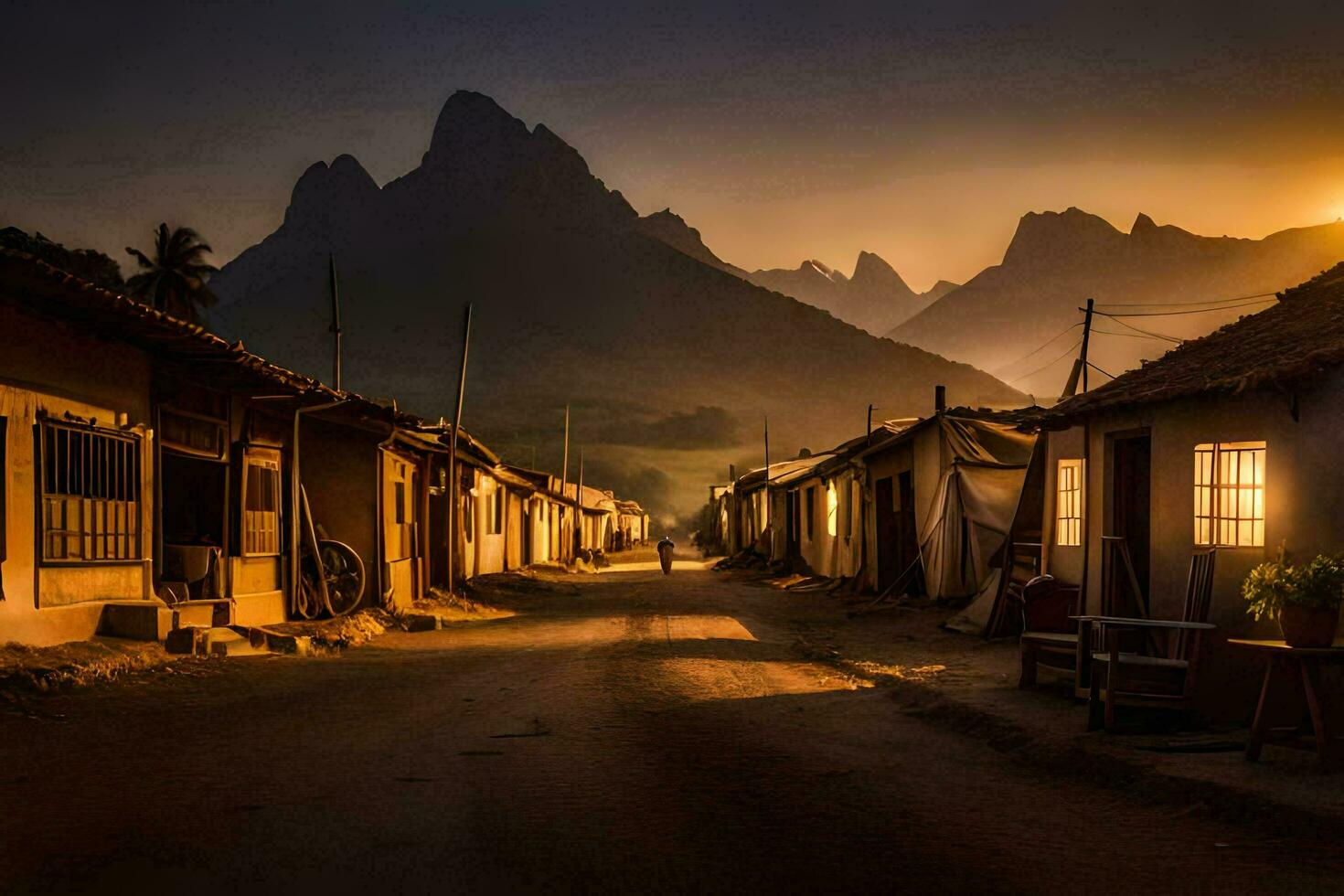 un' villaggio strada a tramonto con montagne nel il sfondo. ai-generato foto