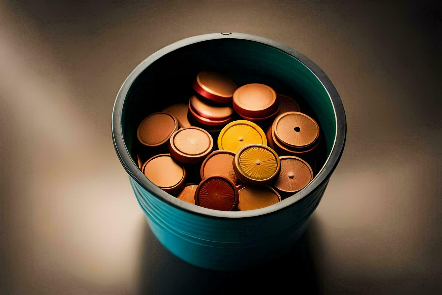 un' vicino su di un' secchio pieno con diverso colorato monete. ai-generato foto