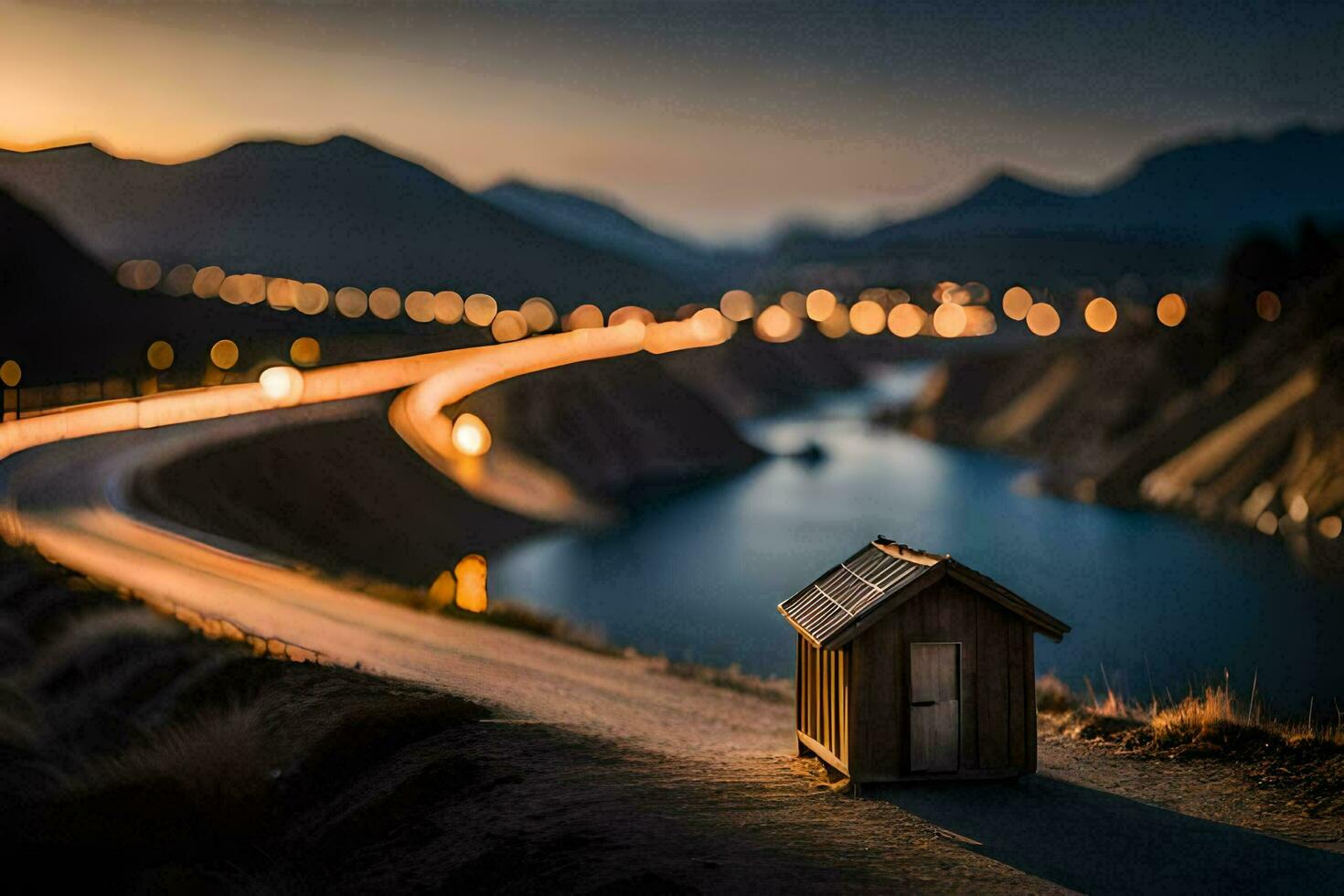 un' piccolo Casa si siede su il lato di un' strada a tramonto. ai-generato foto