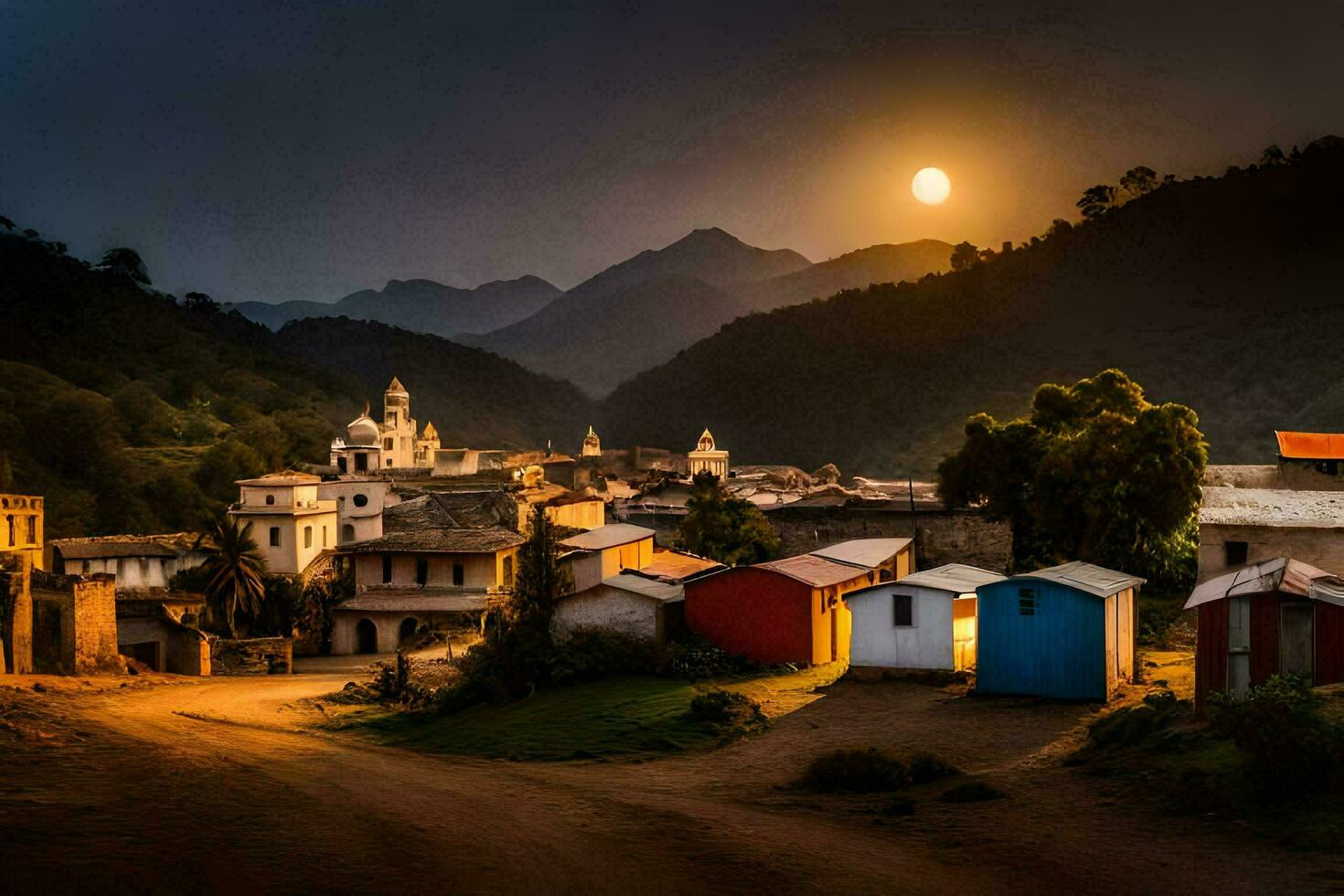 un' villaggio nel il montagne con un' pieno Luna. ai-generato foto