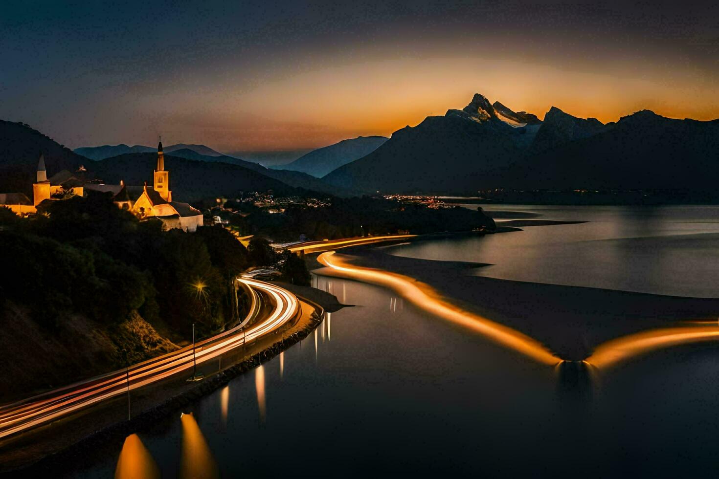 un' lungo esposizione fotografia di un' fiume e montagne a crepuscolo. ai-generato foto