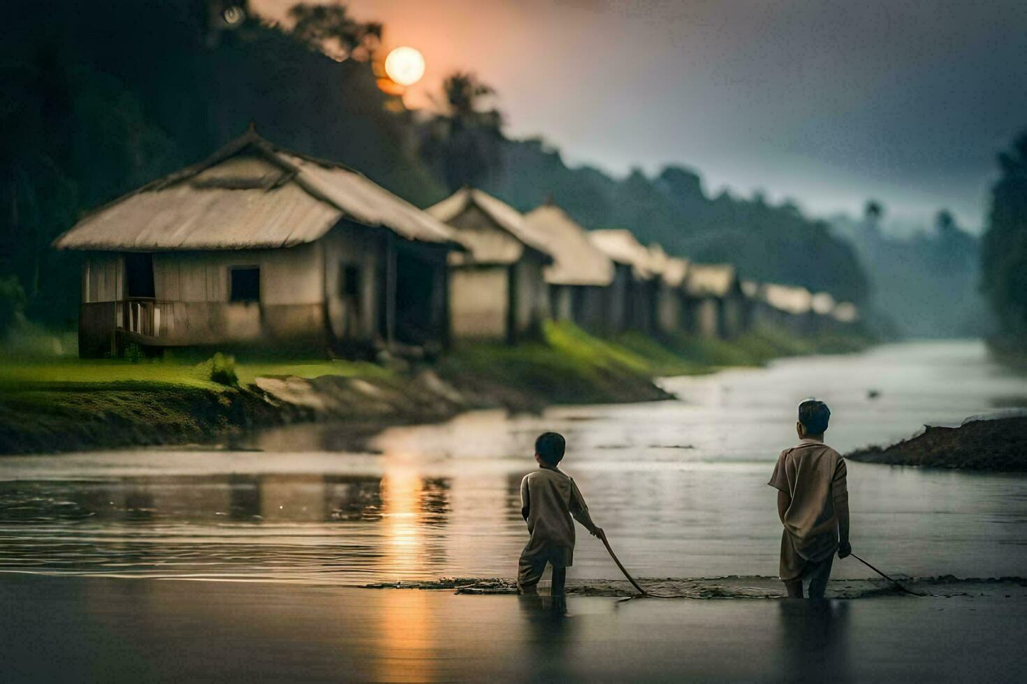 Due ragazzi siamo a piedi attraverso un' fiume nel davanti di un' villaggio. ai-generato foto