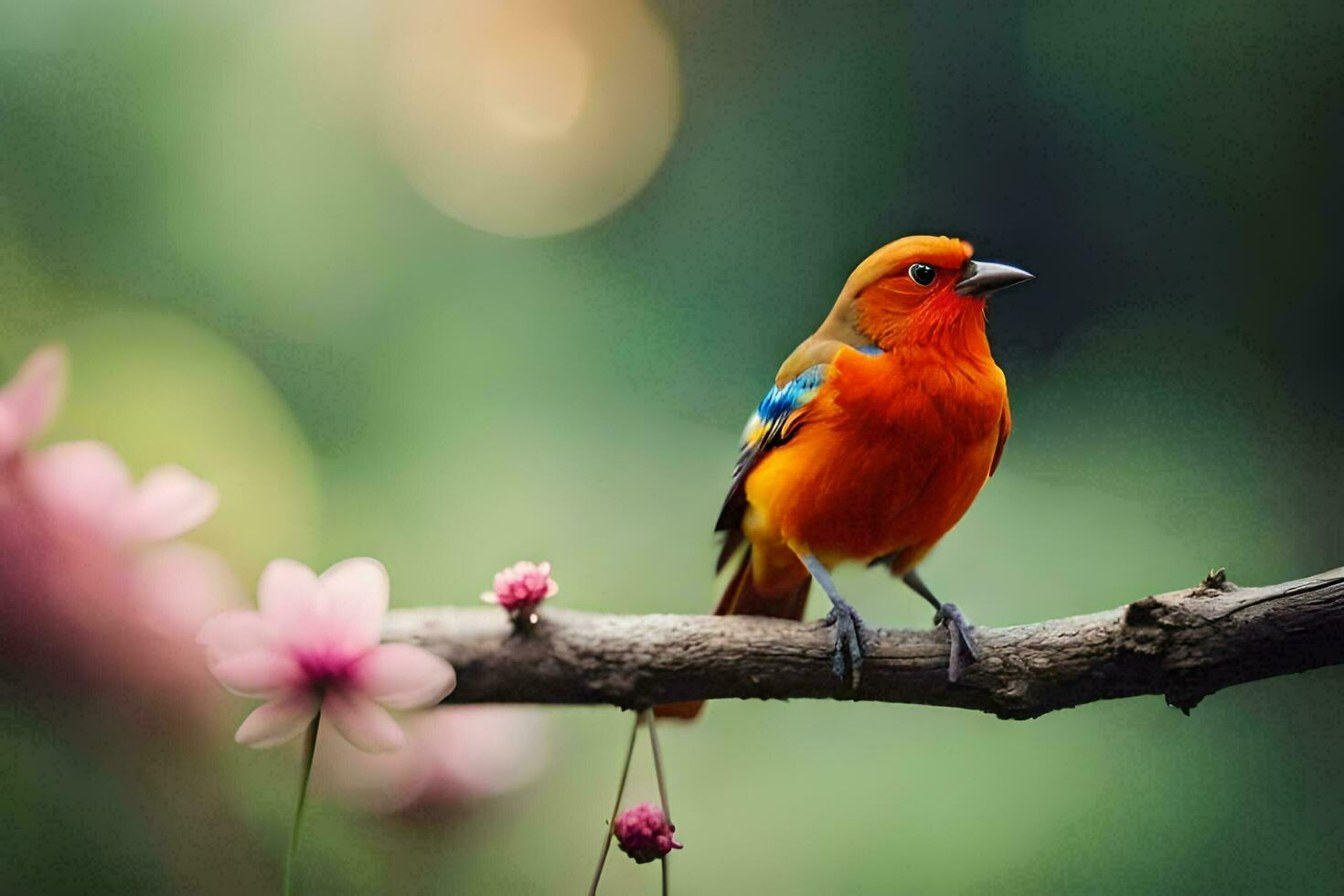 un' colorato uccello si siede su un' ramo con rosa fiori. ai-generato foto